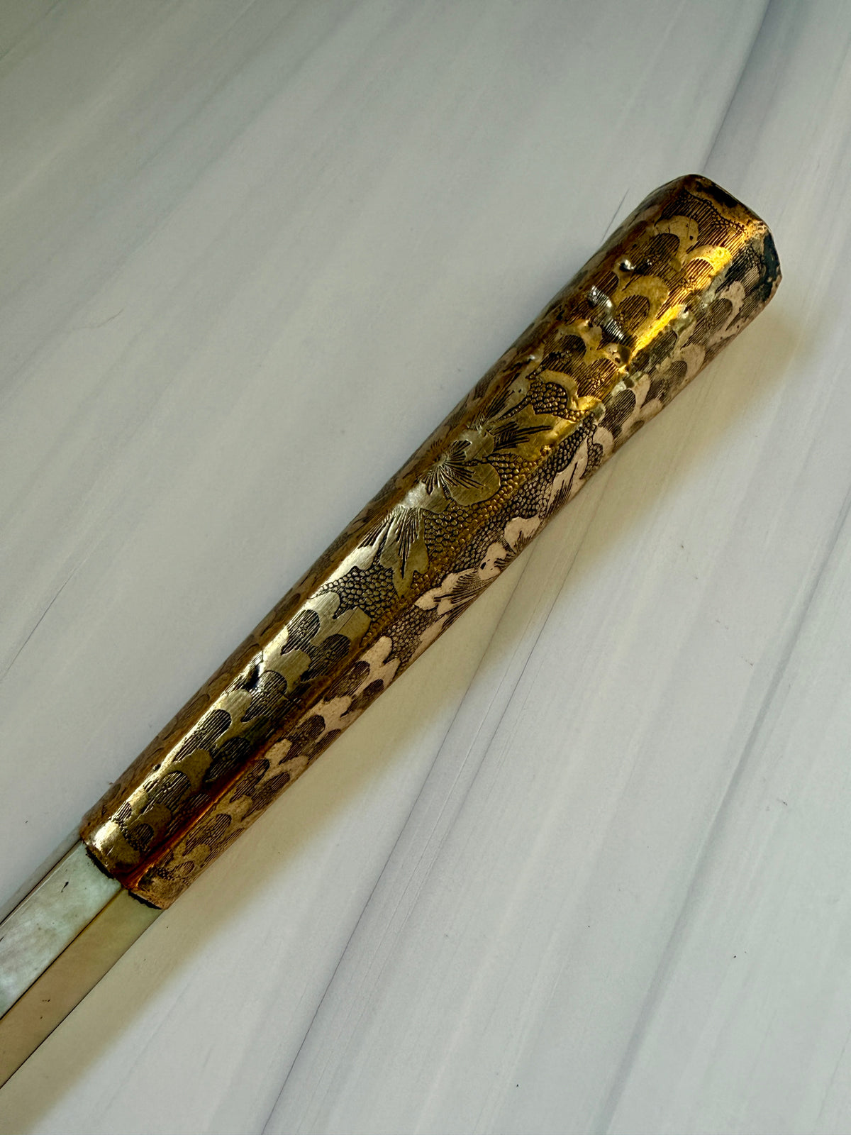 Antique Mother-of-Pearl Parasol Handle with Engraved Floral Metalwork – A5