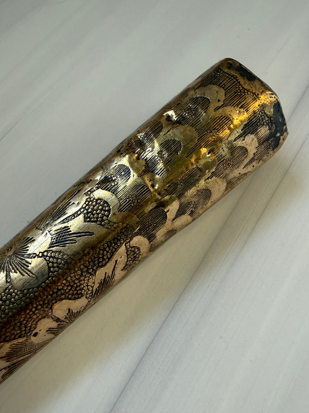 Antique Mother-of-Pearl Parasol Handle with Engraved Floral Metalwork – A5