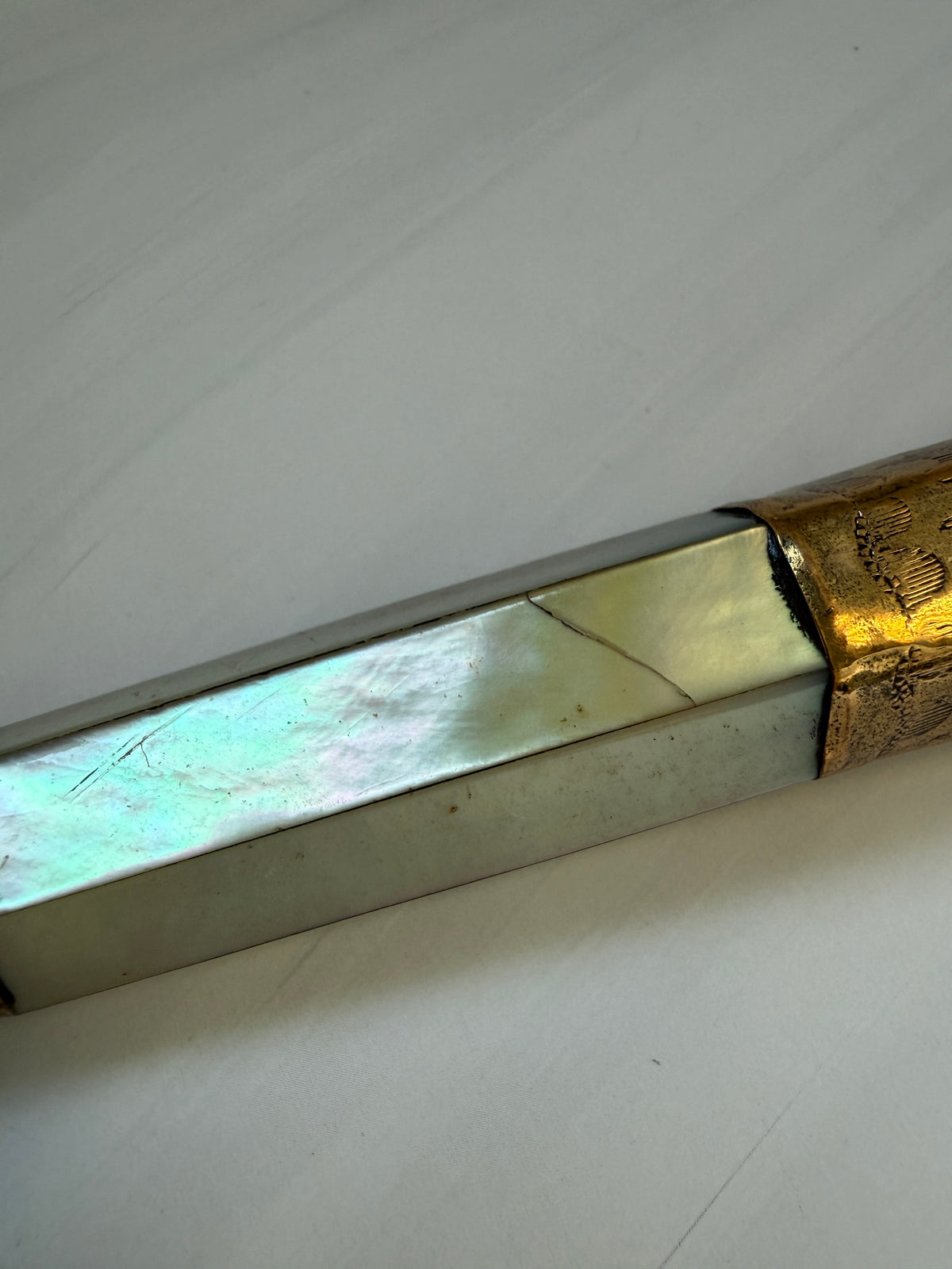 Antique Mother-of-Pearl Parasol Handle with Engraved Floral Metalwork – A5