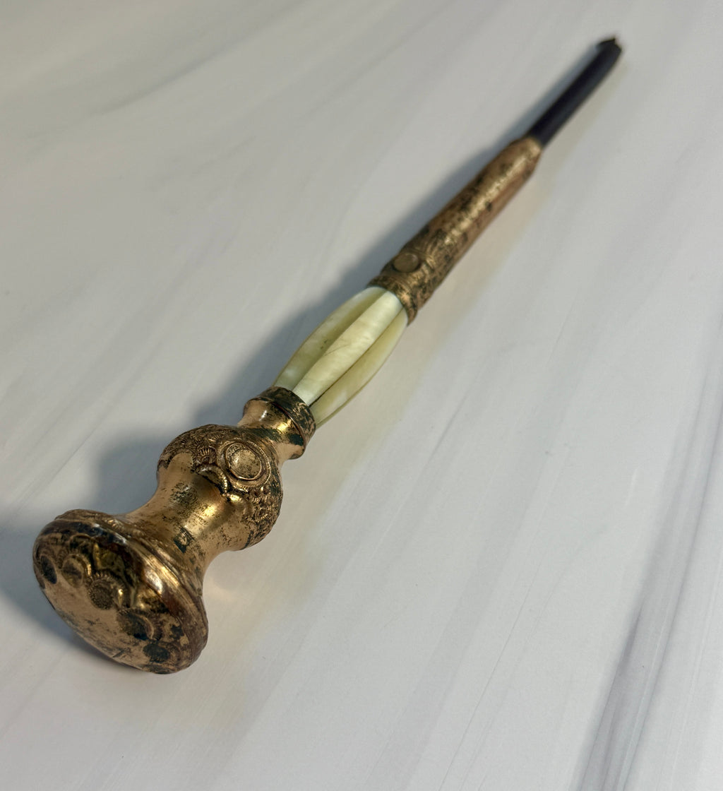Antique Mother-of-Pearl Parasol Handle with Ornate Gilt-Tone Top – A6