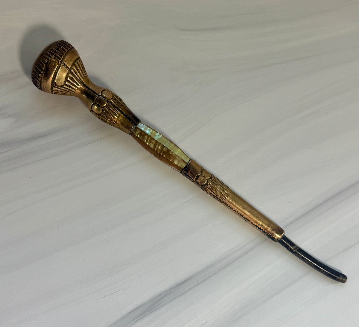 Antique Mother-of-Pearl Parasol Handle with Ornate Gilt-Tone Metalwork – A7
