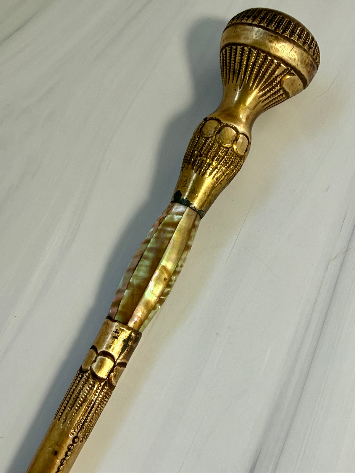 Antique Mother-of-Pearl Parasol Handle with Ornate Gilt-Tone Metalwork – A7