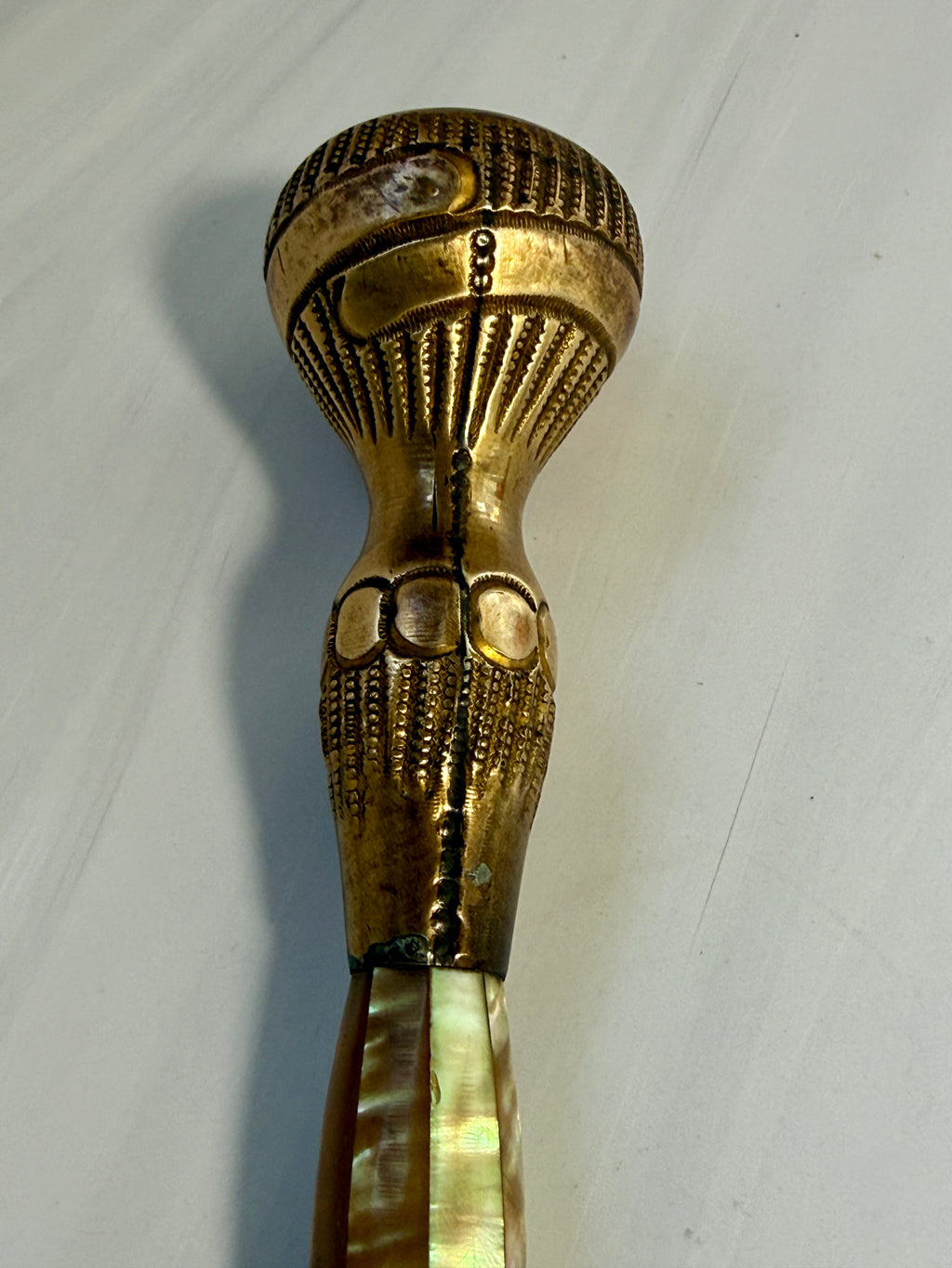 Antique Mother-of-Pearl Parasol Handle with Ornate Gilt-Tone Metalwork – A7