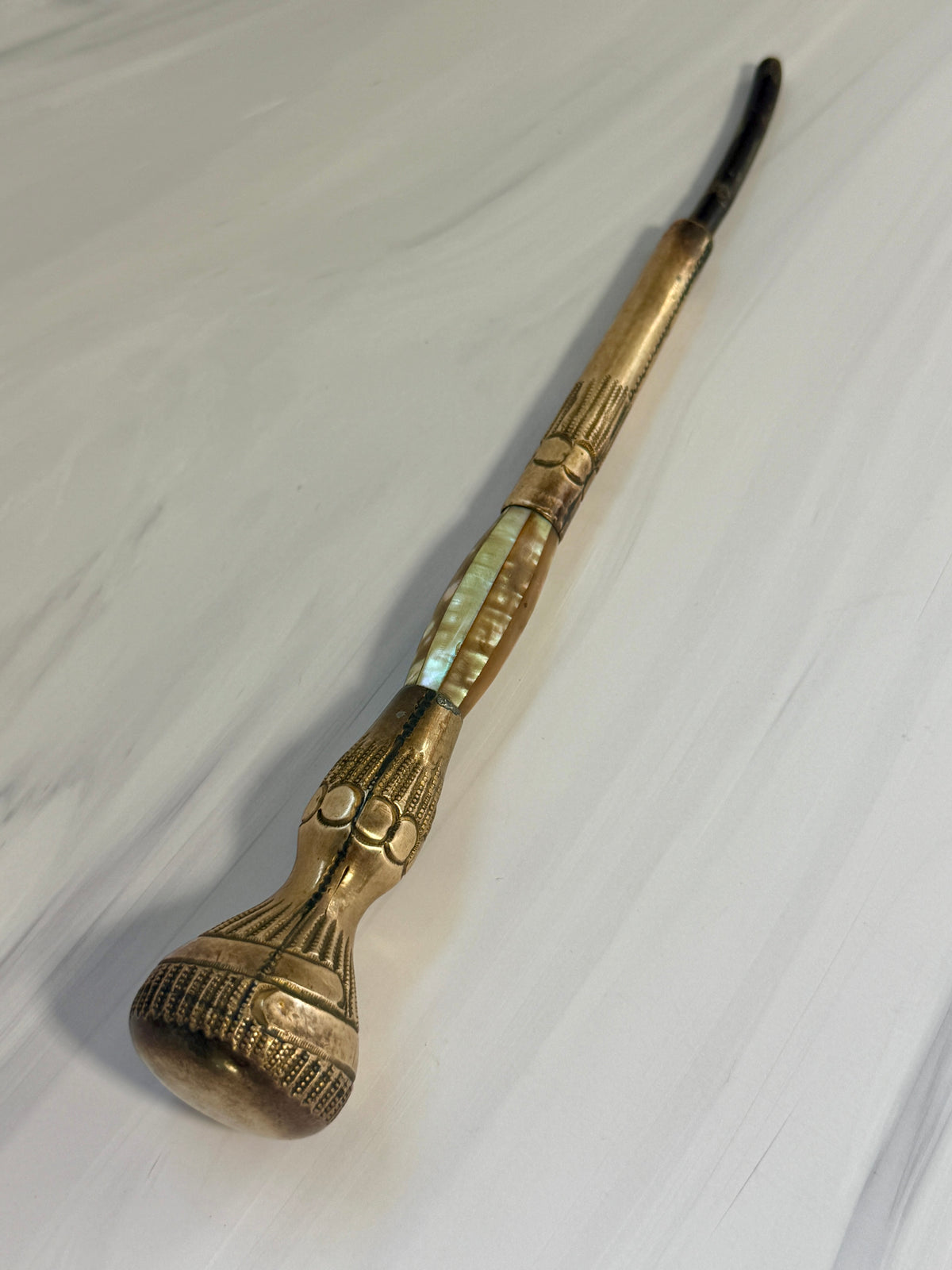 Antique Mother-of-Pearl Parasol Handle with Ornate Gilt-Tone Metalwork – A7