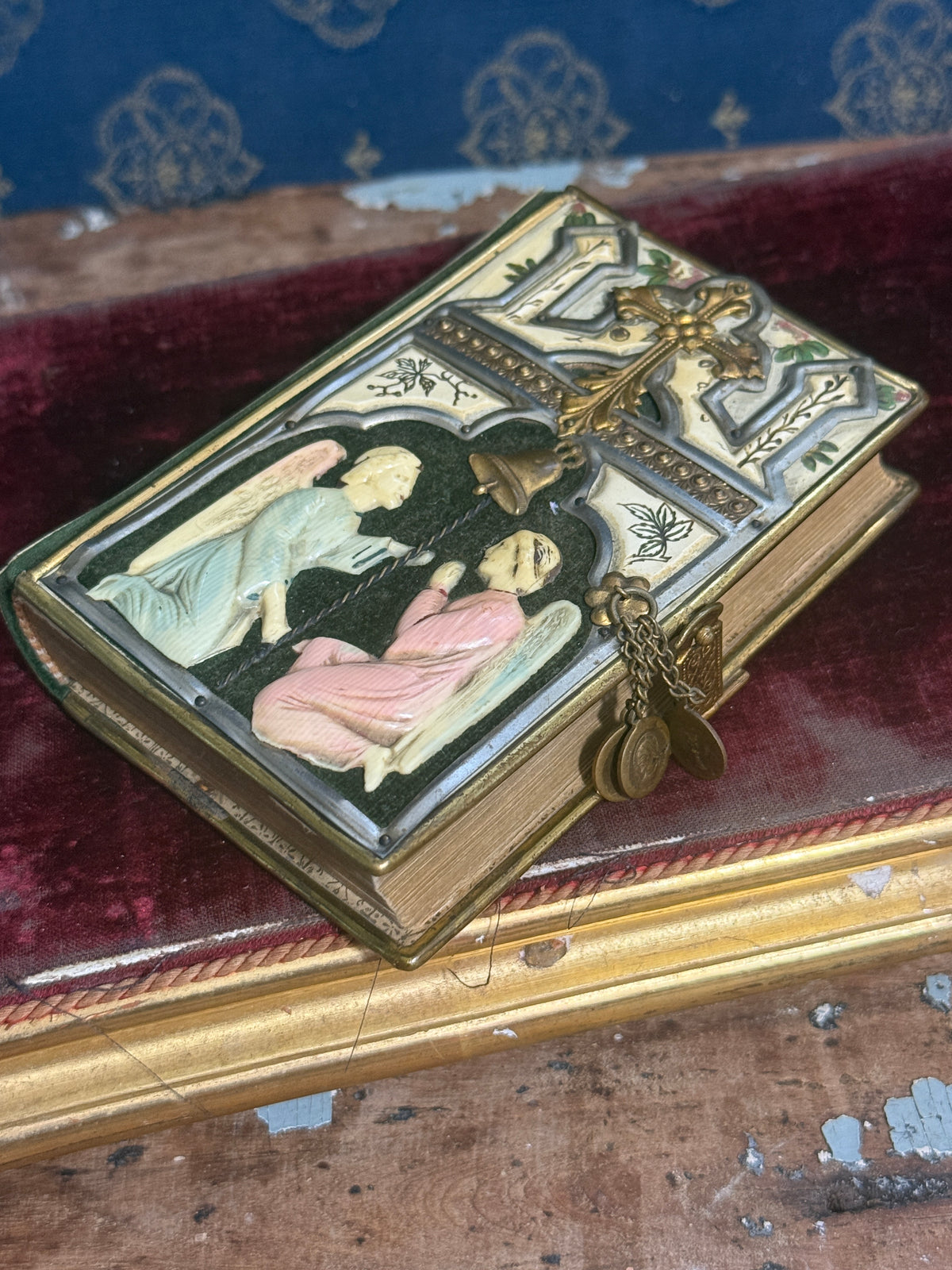 Antique Croatian Prayer Book With Angels, Clasp, and Devotional Medals