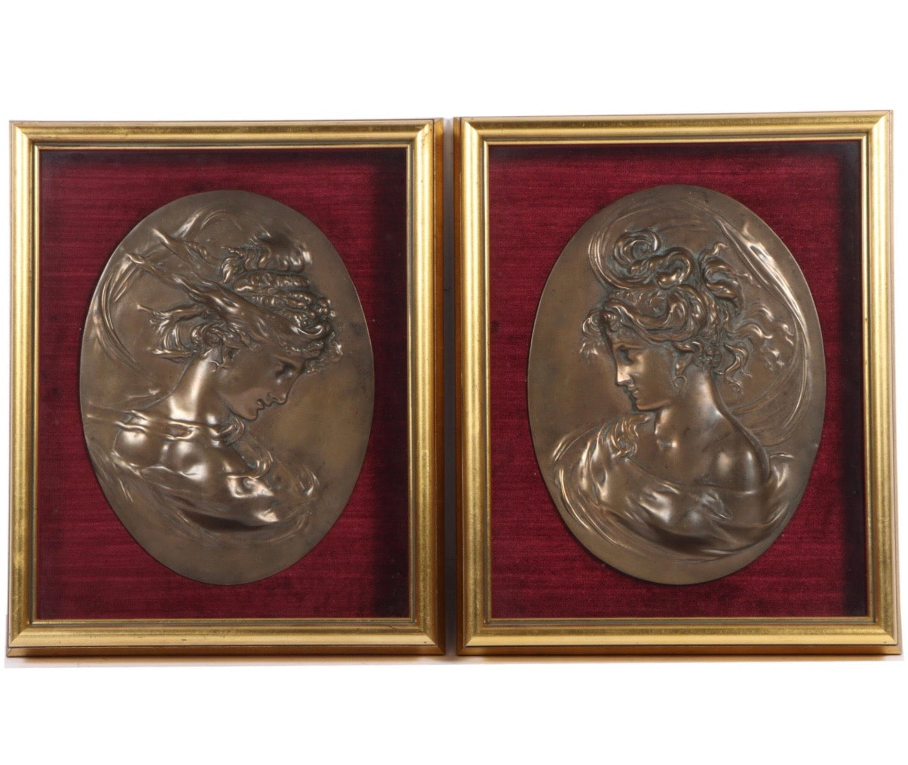 Pair of Bradley & Hubbard Art Nouveau Bronze Bas Relief Cameo Plaques