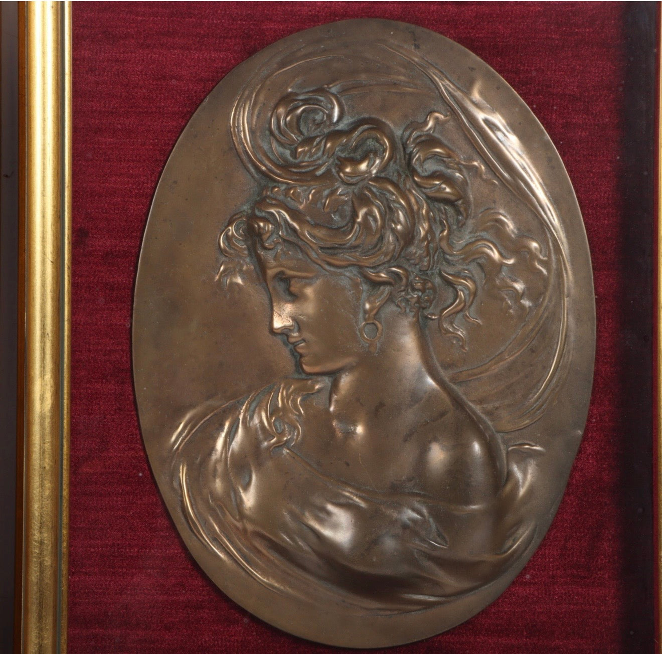 Pair of Bradley & Hubbard Art Nouveau Bronze Bas Relief Cameo Plaques