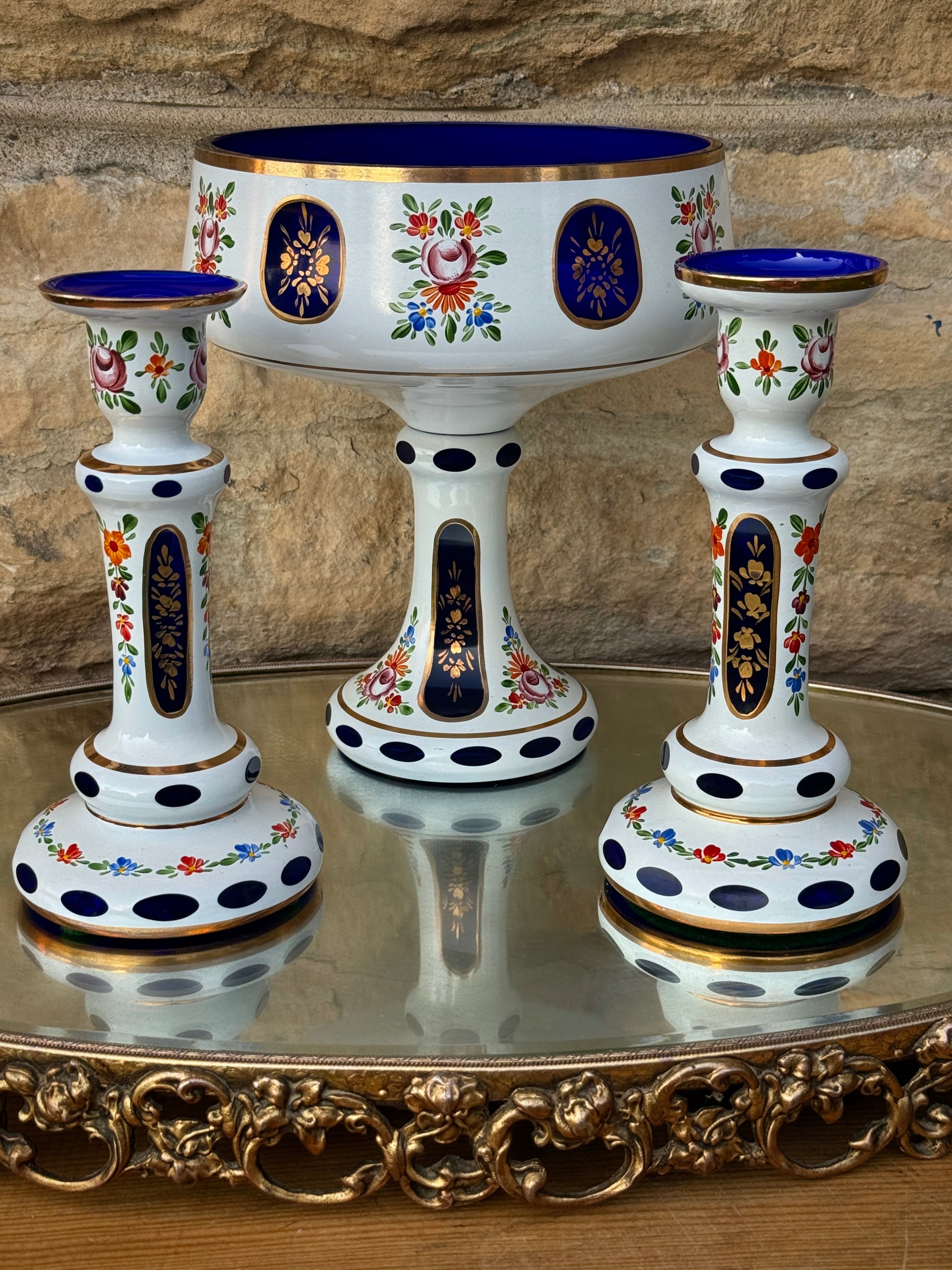 Lausitzer Glas Cobalt Blue Crystal Garniture Set Compote Candlesticks GDR