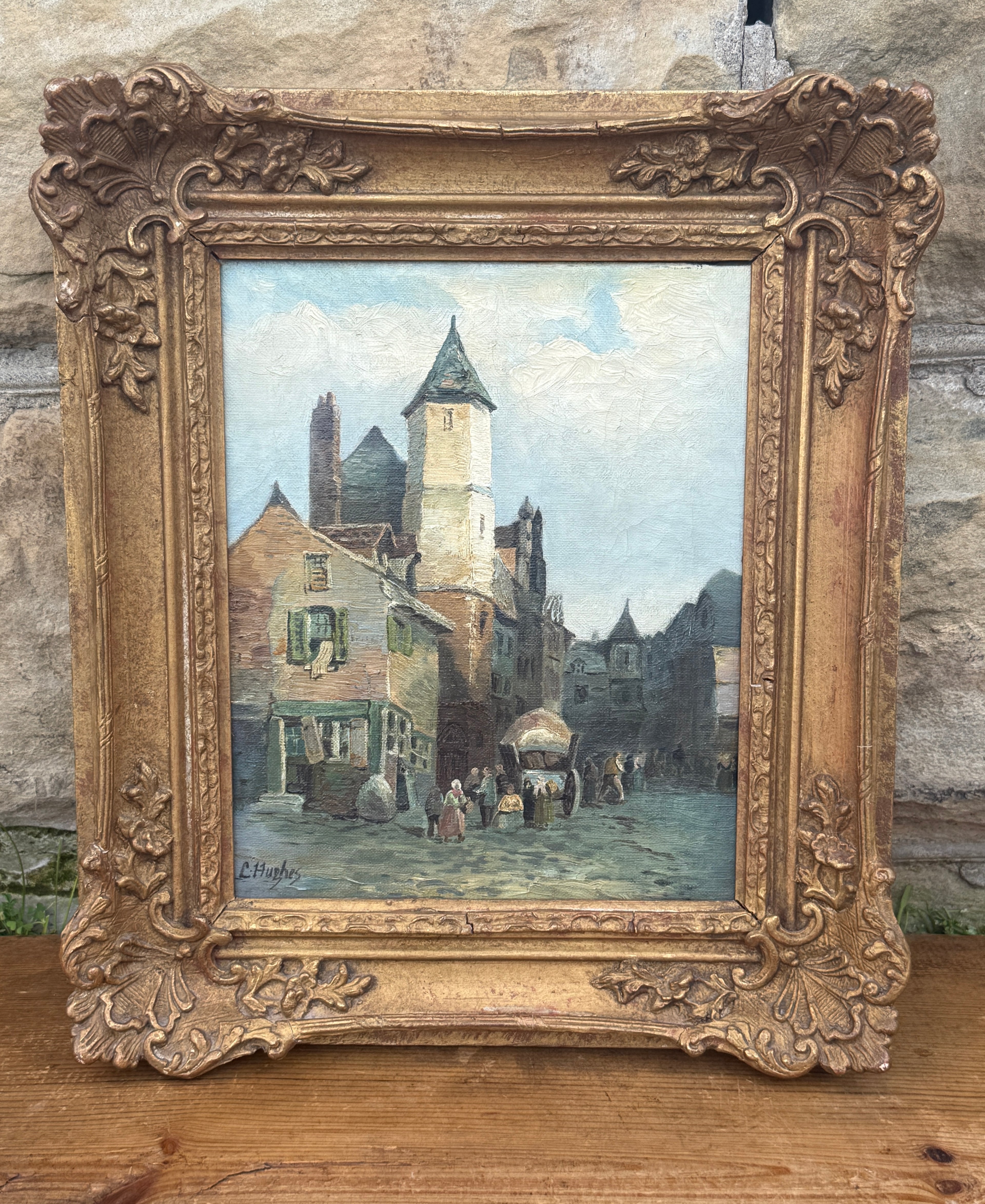 Antique European Village Street Scene Oil Painting on Canvas | Signed L. Hughes | Ornate Gilt Frame