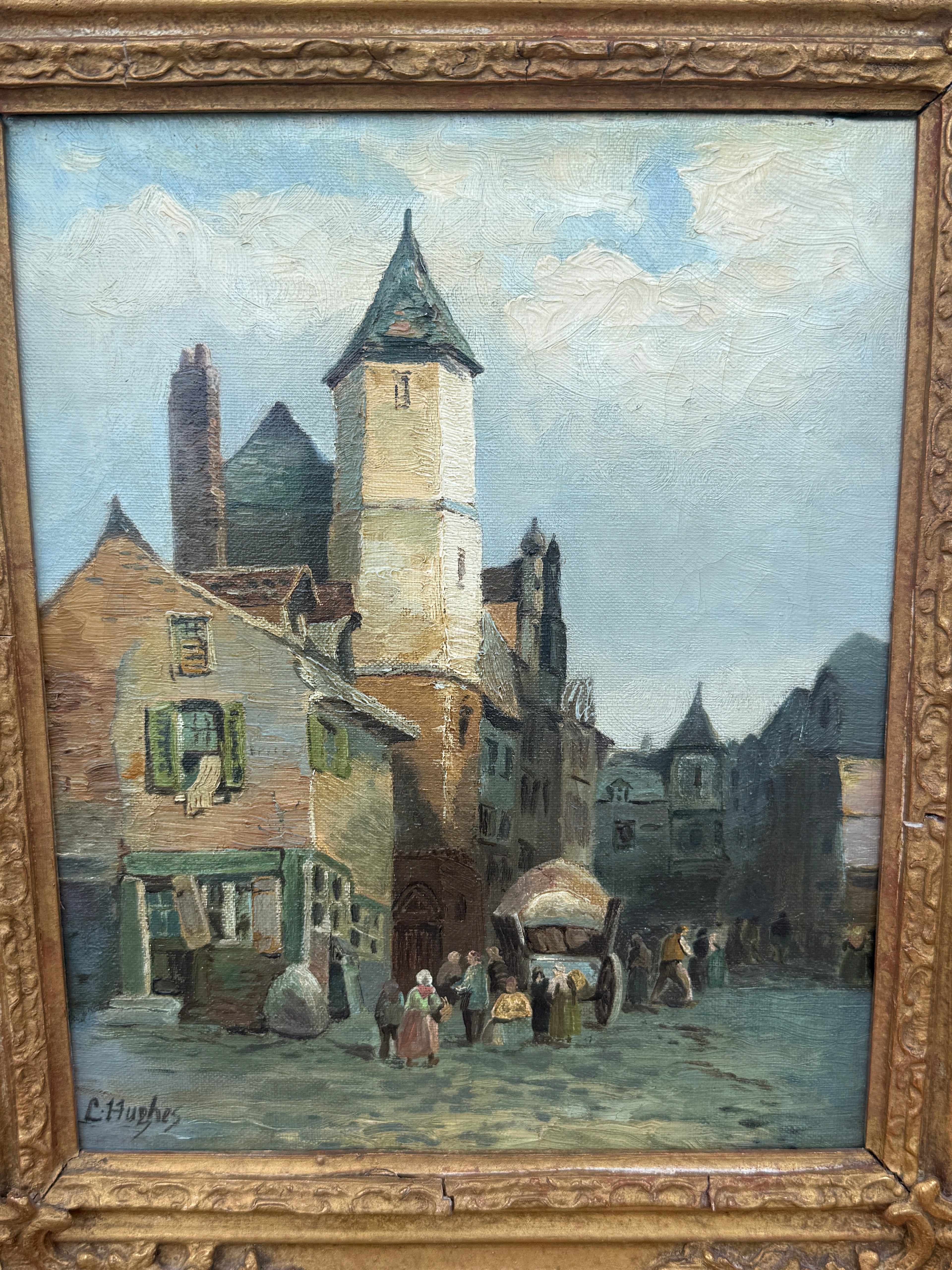 Antique European Village Street Scene Oil Painting on Canvas | Signed L. Hughes | Ornate Gilt Frame