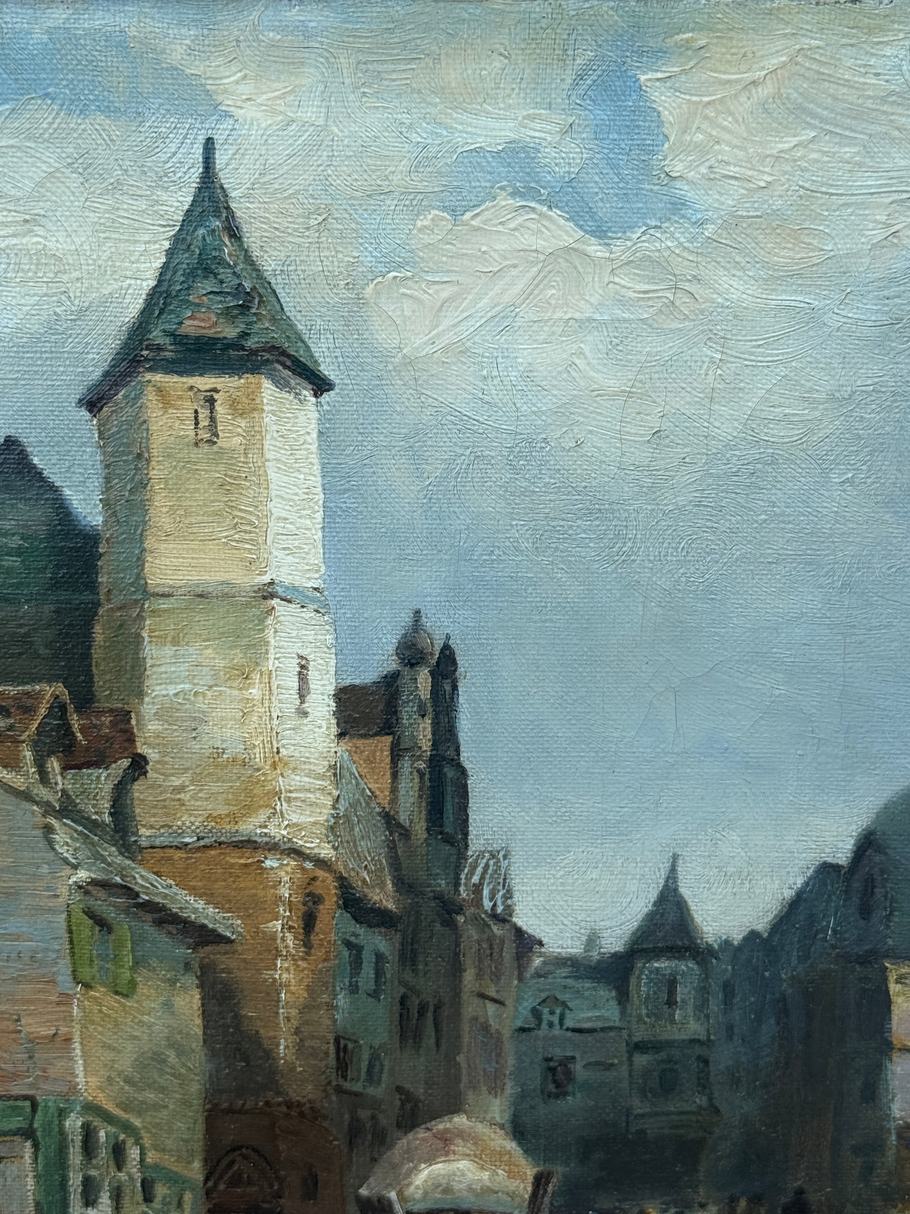 Antique European Village Street Scene Oil Painting on Canvas | Signed L. Hughes | Ornate Gilt Frame