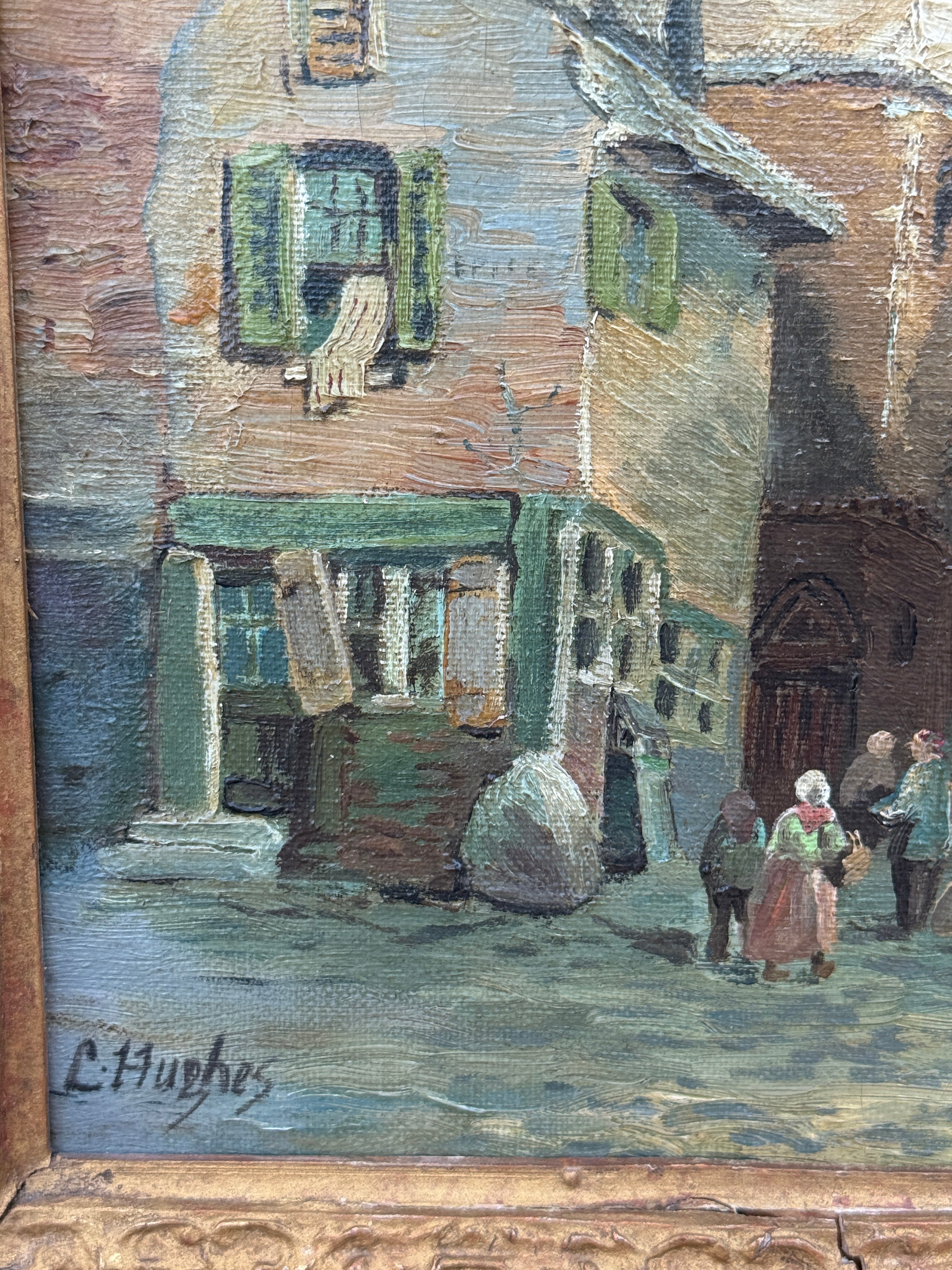 Antique European Village Street Scene Oil Painting on Canvas | Signed L. Hughes | Ornate Gilt Frame
