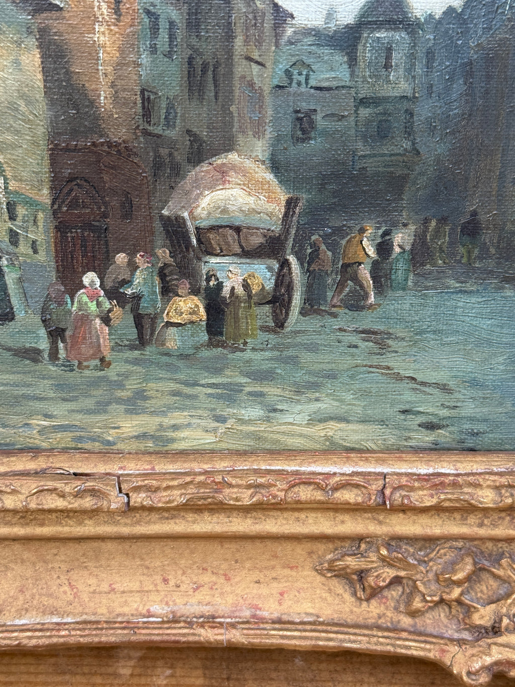 Antique European Village Street Scene Oil Painting on Canvas | Signed L. Hughes | Ornate Gilt Frame