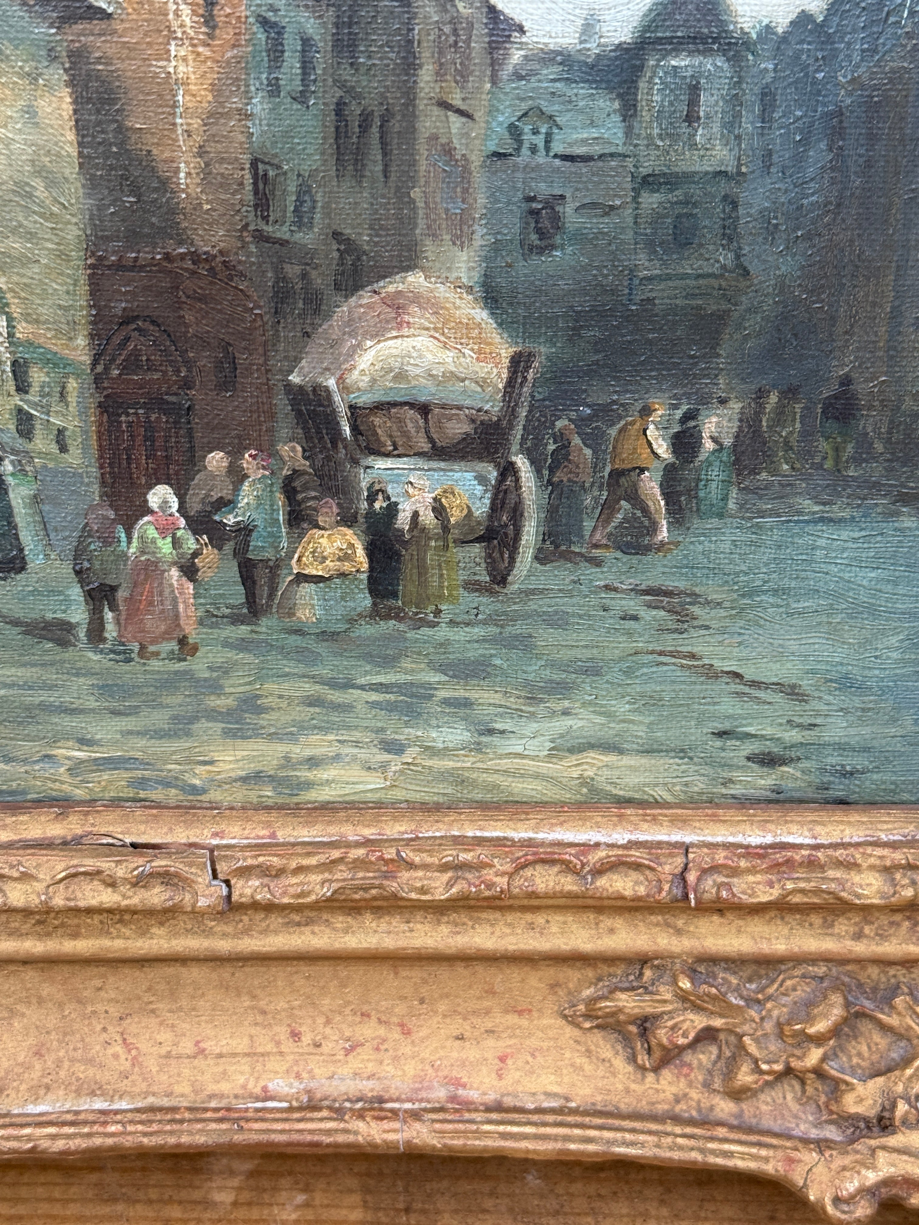 Antique European Village Street Scene Oil Painting on Canvas | Signed L. Hughes | Ornate Gilt Frame