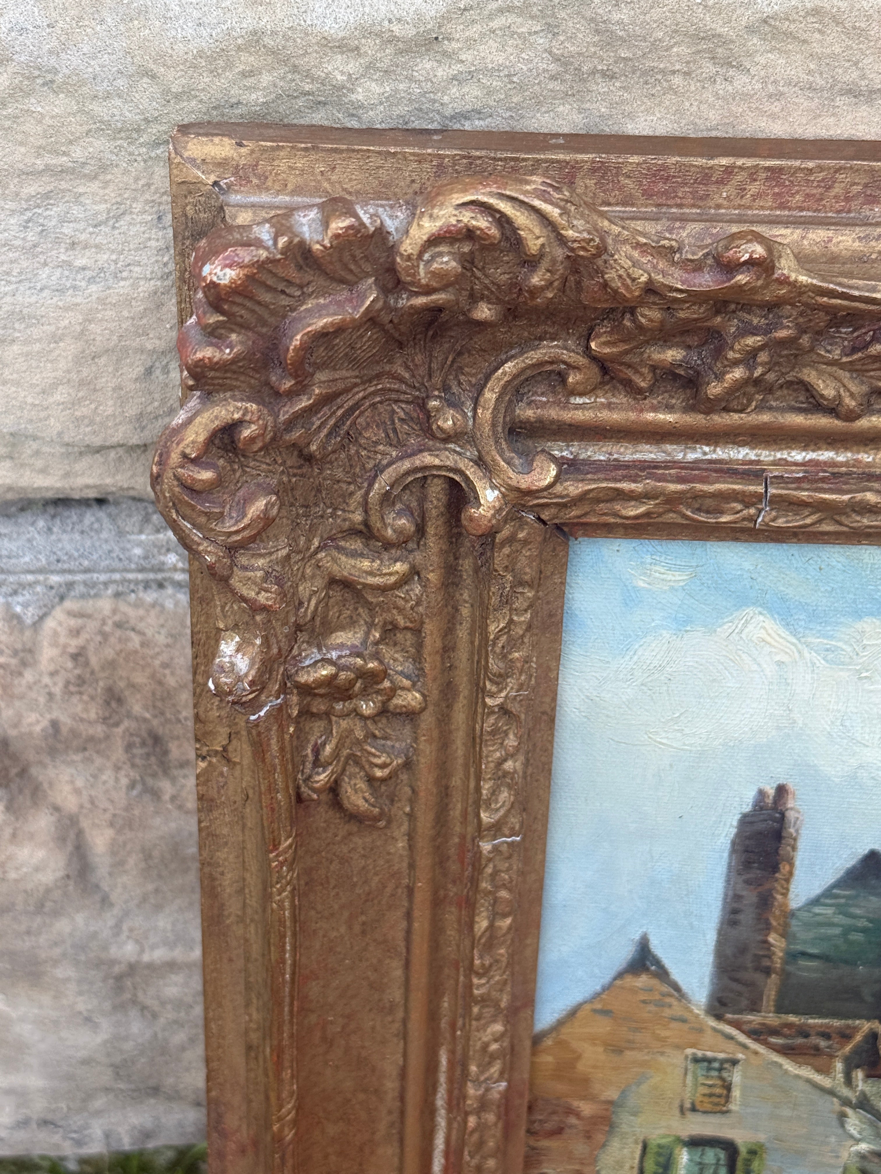 Antique European Village Street Scene Oil Painting on Canvas | Signed L. Hughes | Ornate Gilt Frame