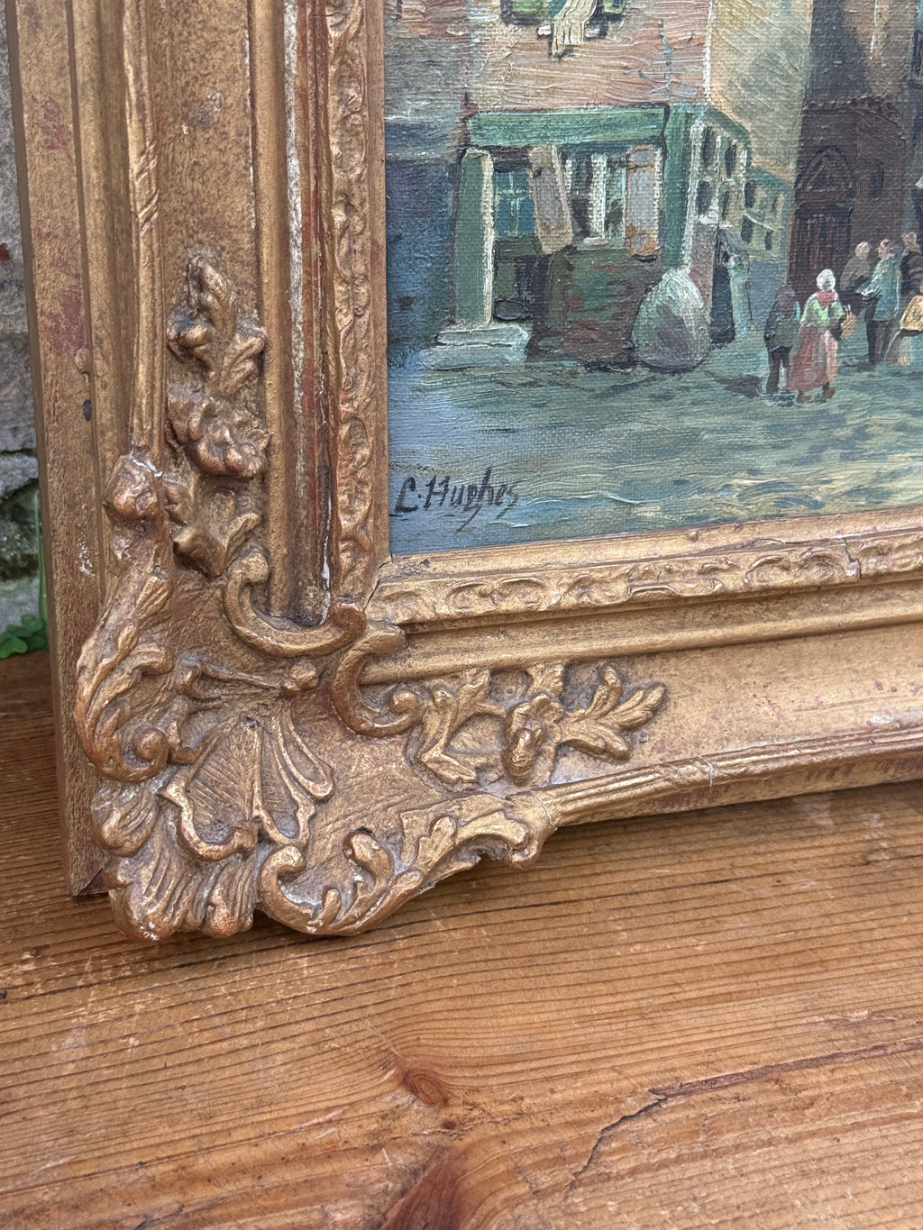 Antique European Village Street Scene Oil Painting on Canvas | Signed L. Hughes | Ornate Gilt Frame