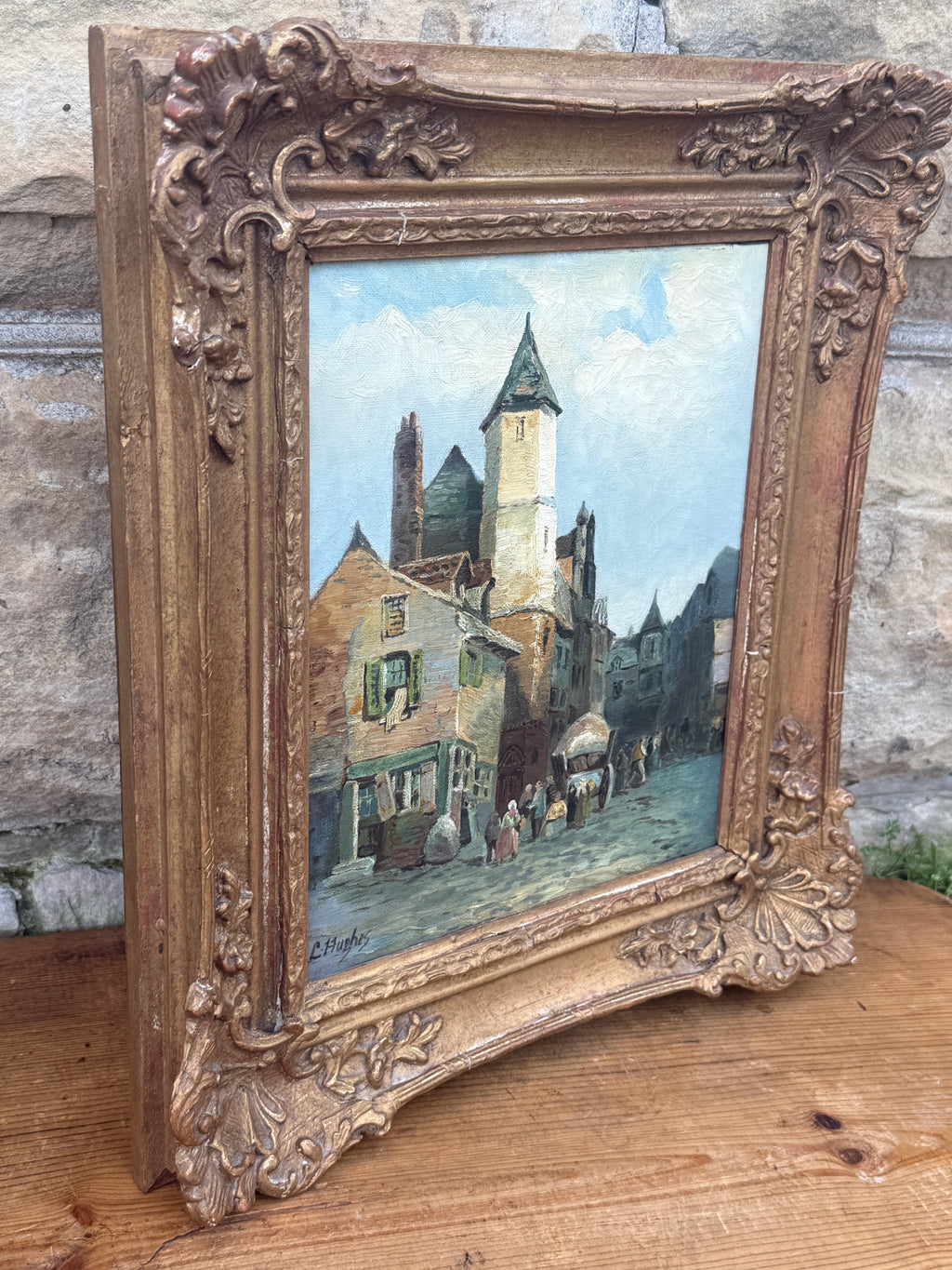 Antique European Village Street Scene Oil Painting on Canvas | Signed L. Hughes | Ornate Gilt Frame