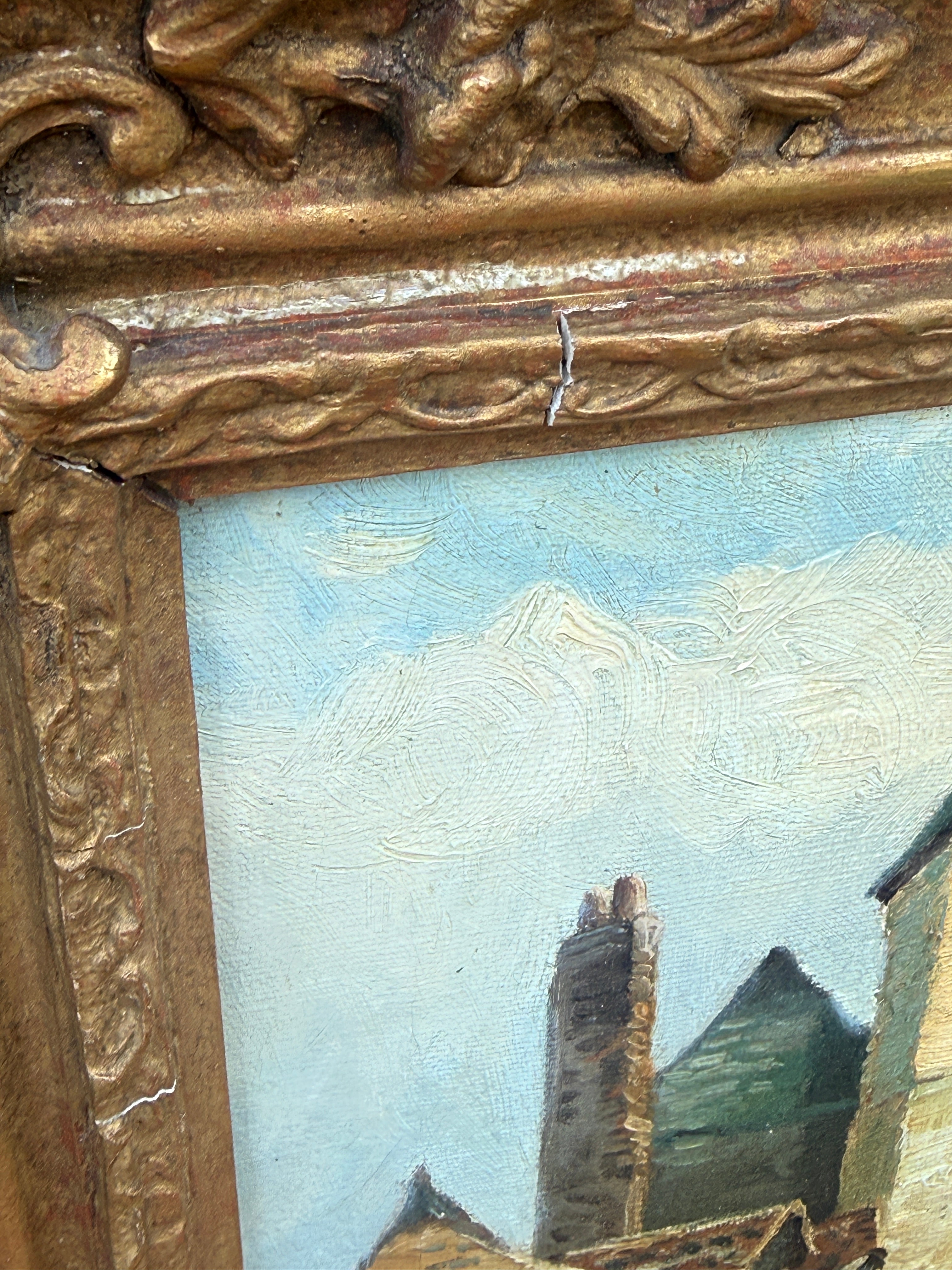 Antique European Village Street Scene Oil Painting on Canvas | Signed L. Hughes | Ornate Gilt Frame