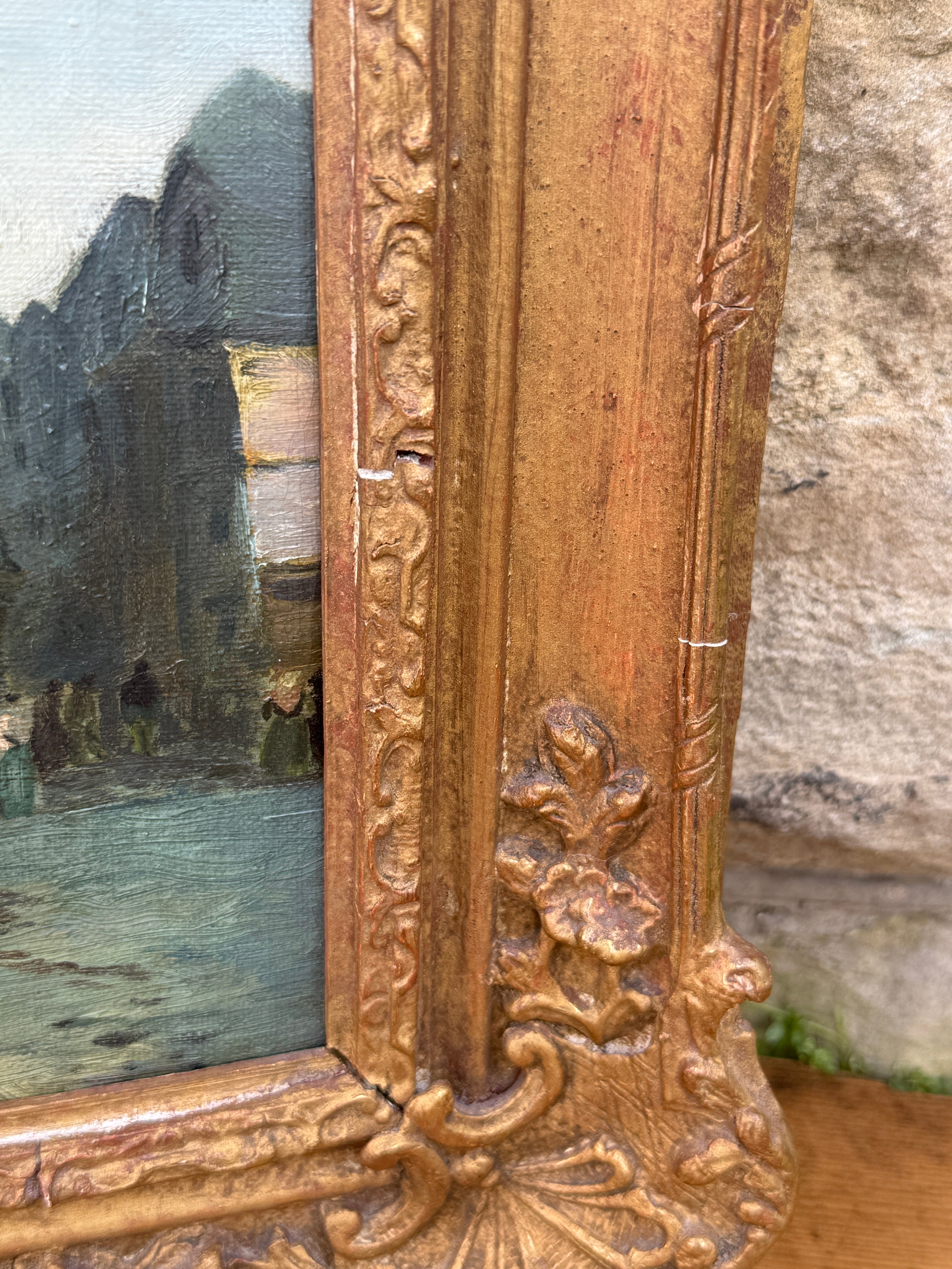 Antique European Village Street Scene Oil Painting on Canvas | Signed L. Hughes | Ornate Gilt Frame