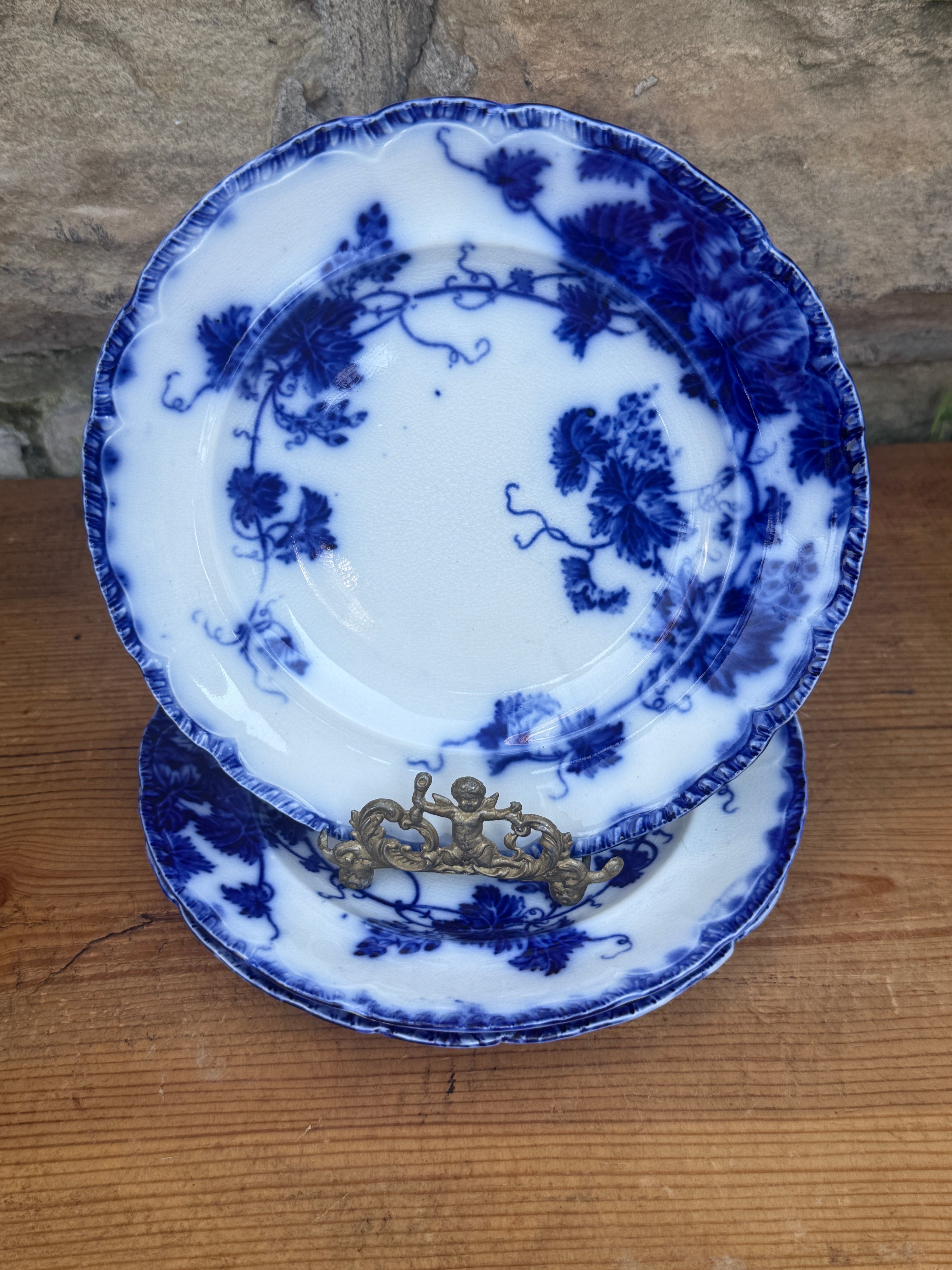 Antique John Maddock & Sons "Virginia" Flow Blue Luncheon Plates | Set of 3 | 8" English Transferware