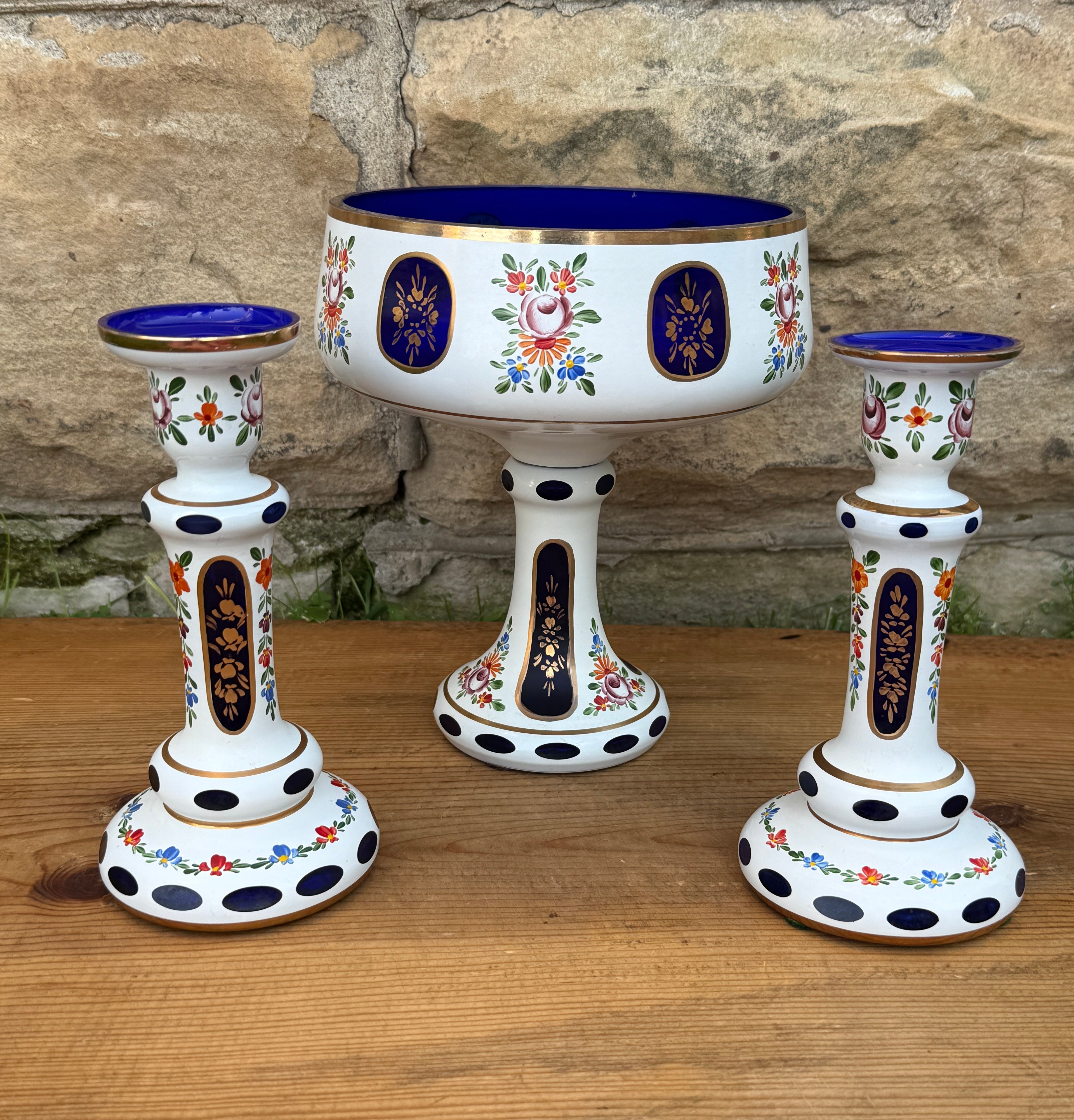 Lausitzer Glas Cobalt Blue Crystal Garniture Set Compote Candlesticks GDR
