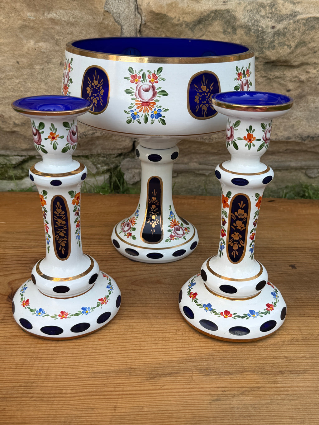 Lausitzer Glas Cobalt Blue Crystal Garniture Set Compote Candlesticks GDR