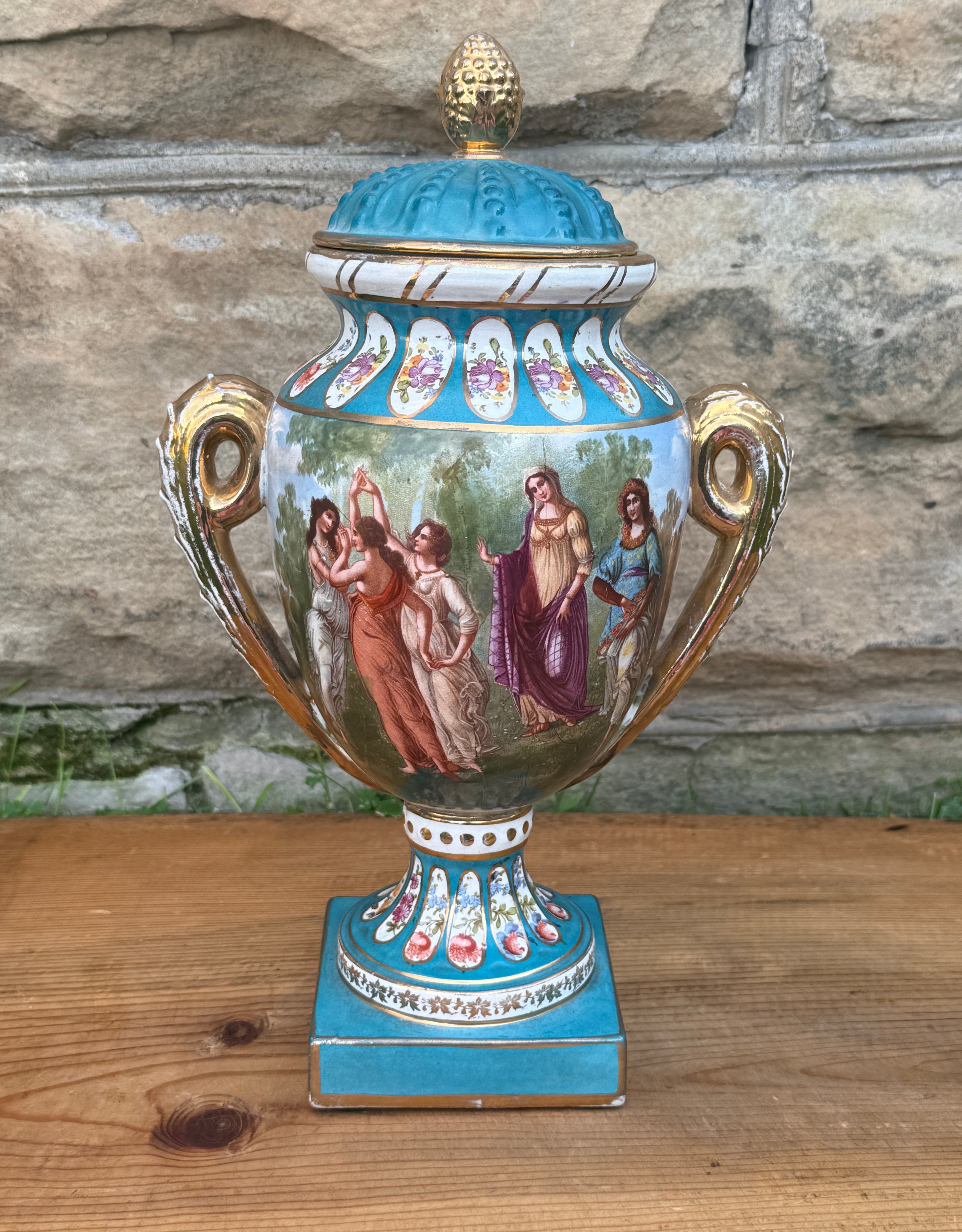 Antique French Style Hand Painted Covered Porcelain Urn Artist Signed Turquoise Gilt 14"