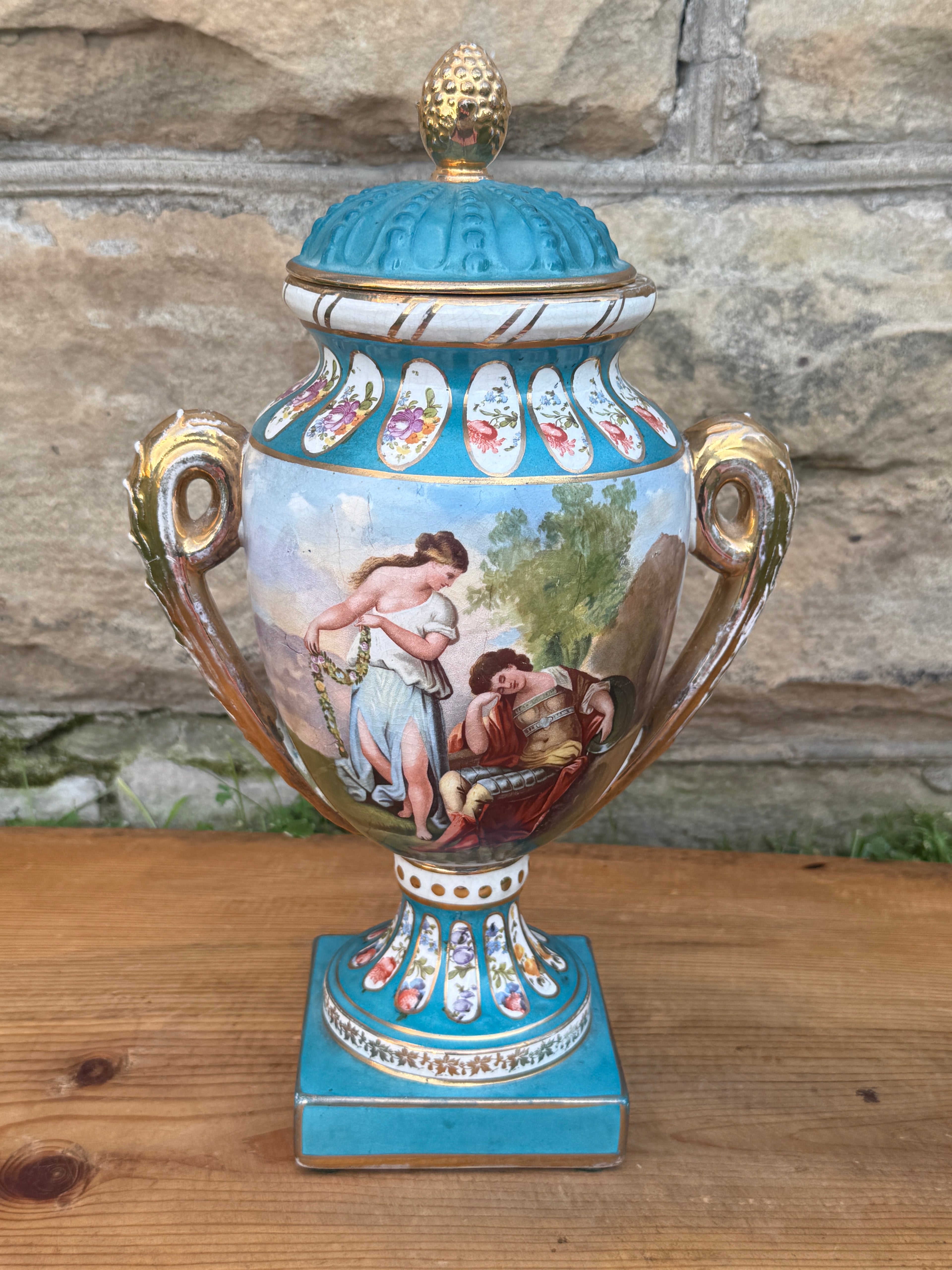 Antique French Style Hand Painted Covered Porcelain Urn Artist Signed Turquoise Gilt 14"