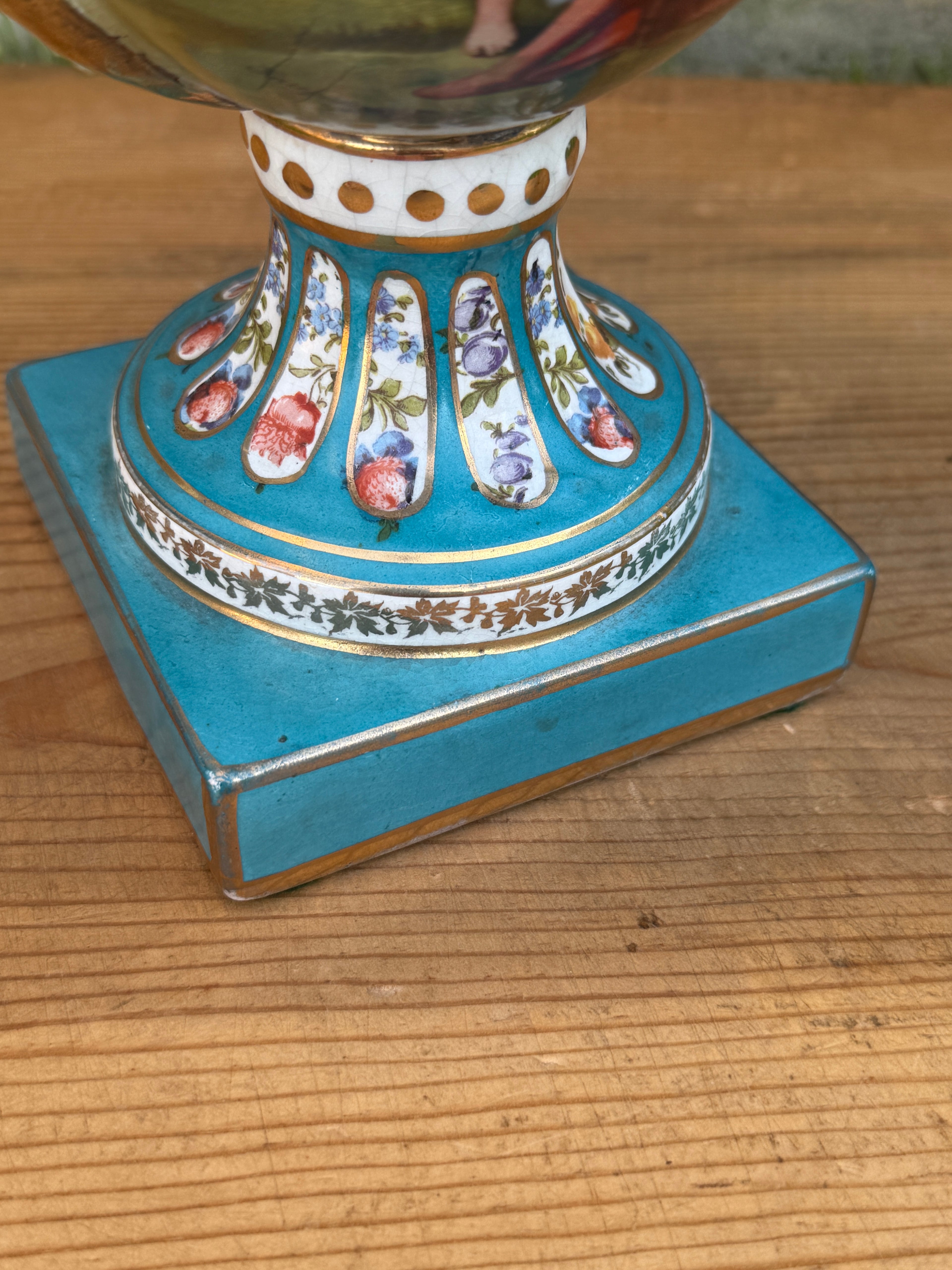 Antique French Style Hand Painted Covered Porcelain Urn Artist Signed Turquoise Gilt 14"