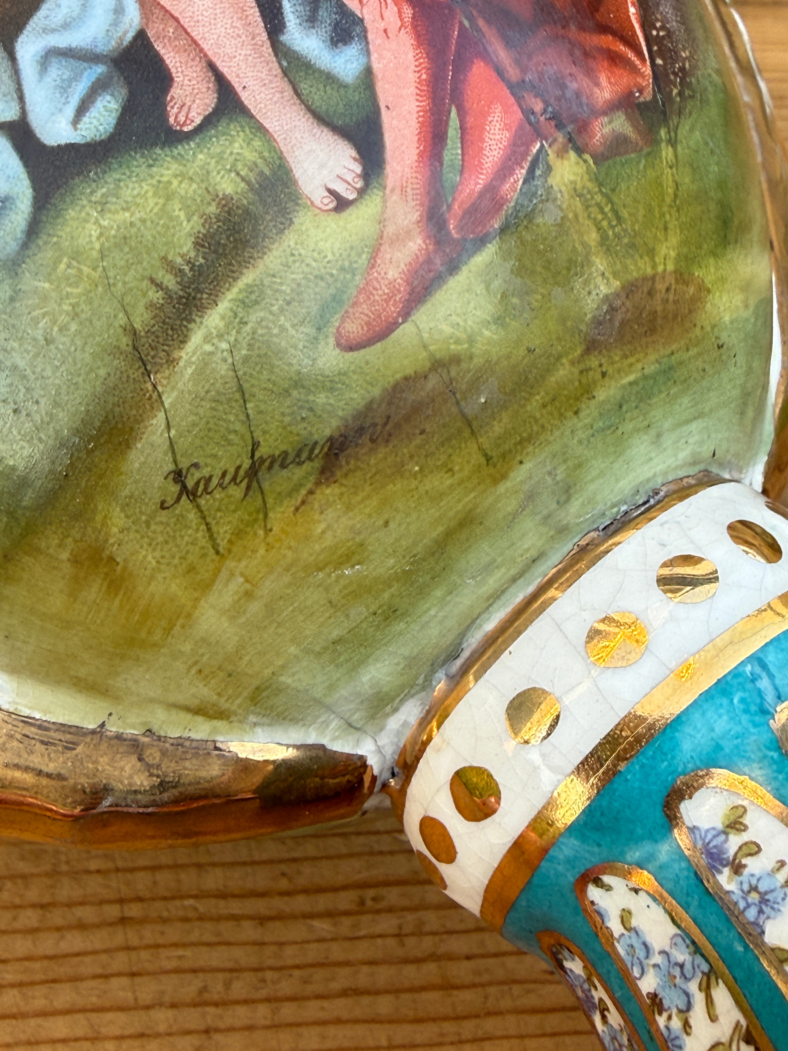 Antique French Style Hand Painted Covered Porcelain Urn Artist Signed Turquoise Gilt 14"