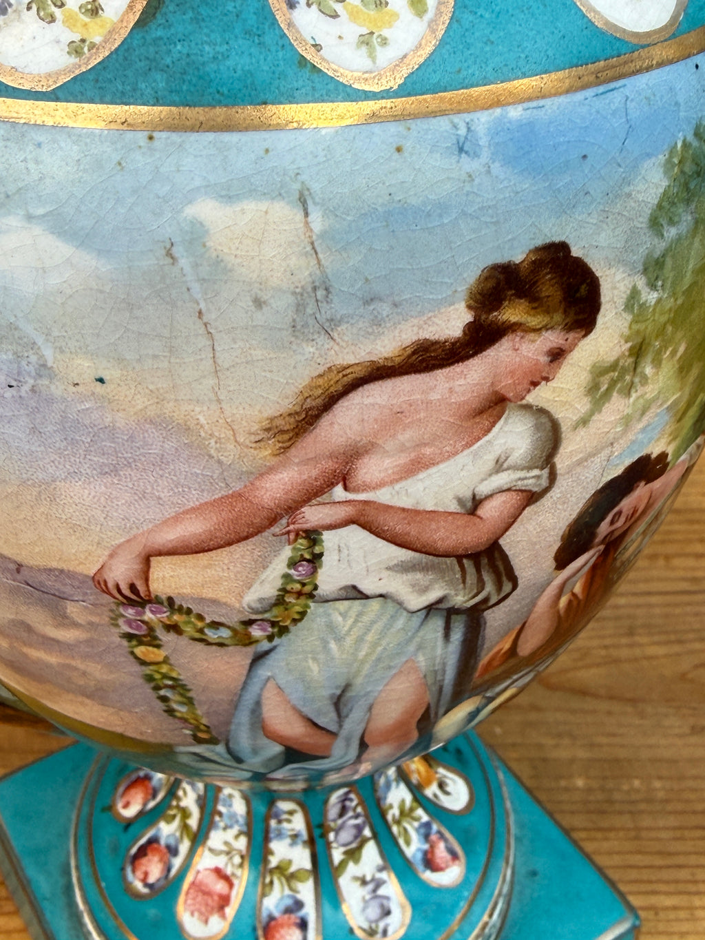 Antique French Style Hand Painted Covered Porcelain Urn Artist Signed Turquoise Gilt 14"