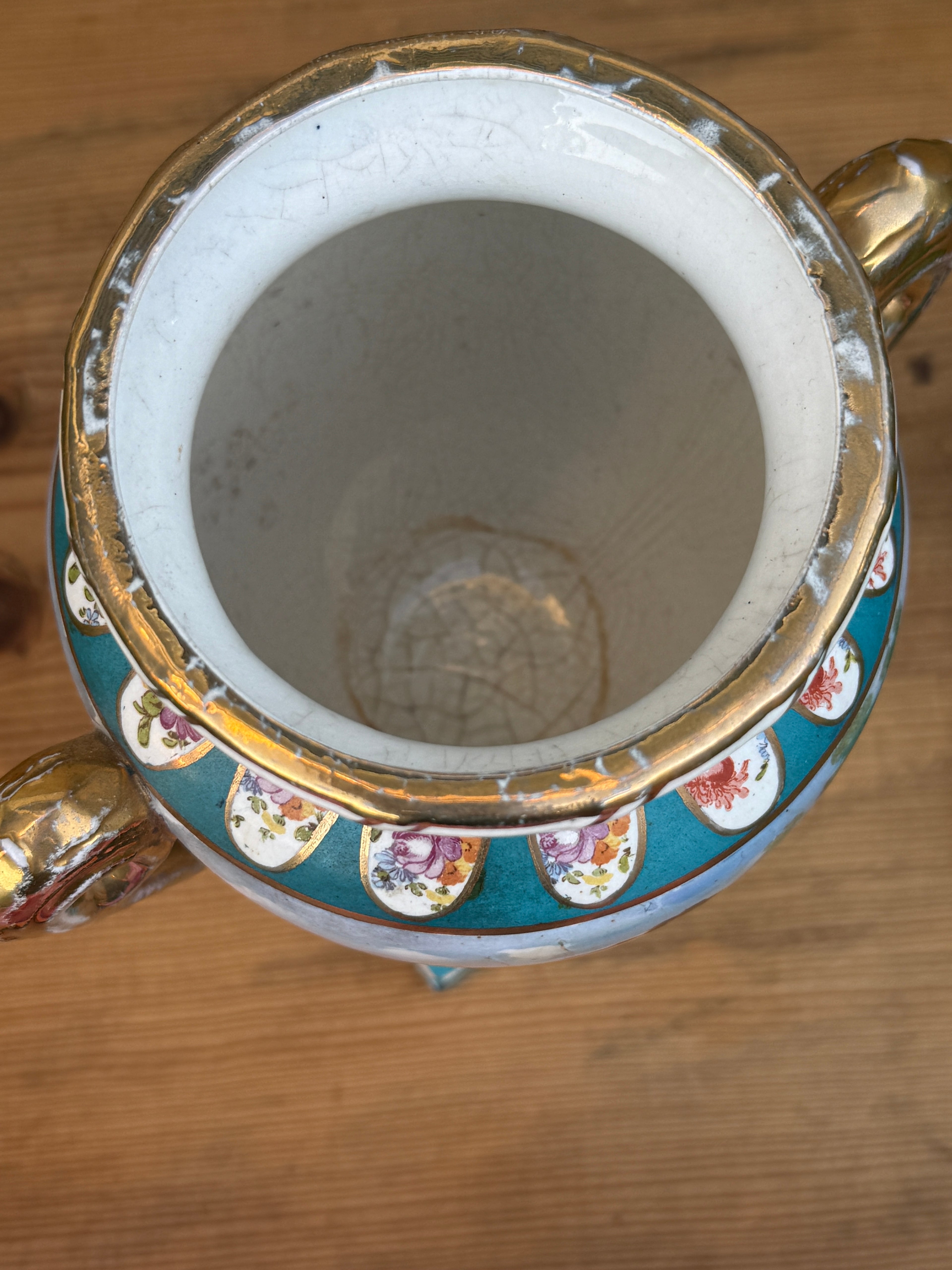 Antique French Style Hand Painted Covered Porcelain Urn Artist Signed Turquoise Gilt 14"