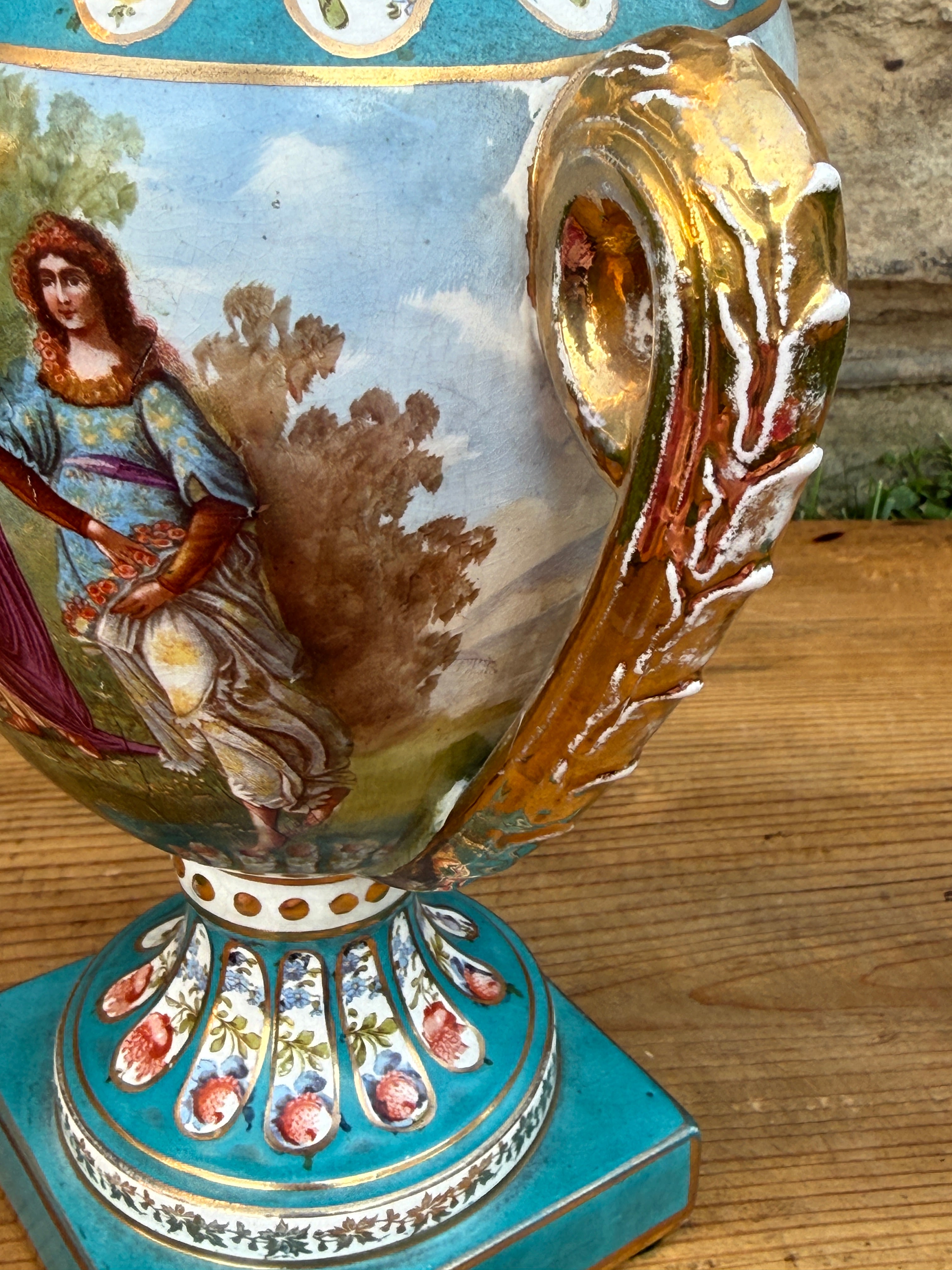 Antique French Style Hand Painted Covered Porcelain Urn Artist Signed Turquoise Gilt 14"