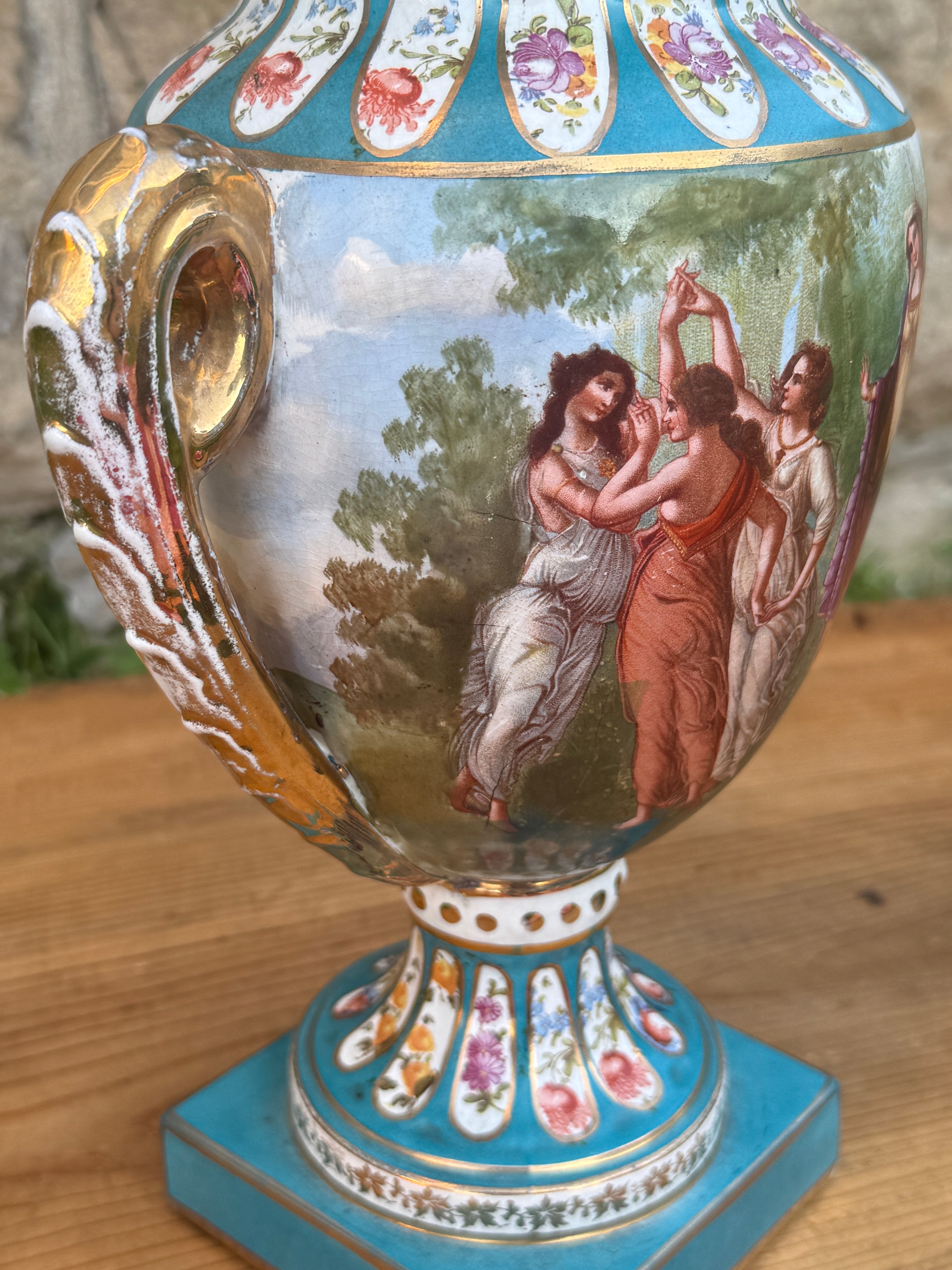 Antique French Style Hand Painted Covered Porcelain Urn Artist Signed Turquoise Gilt 14"