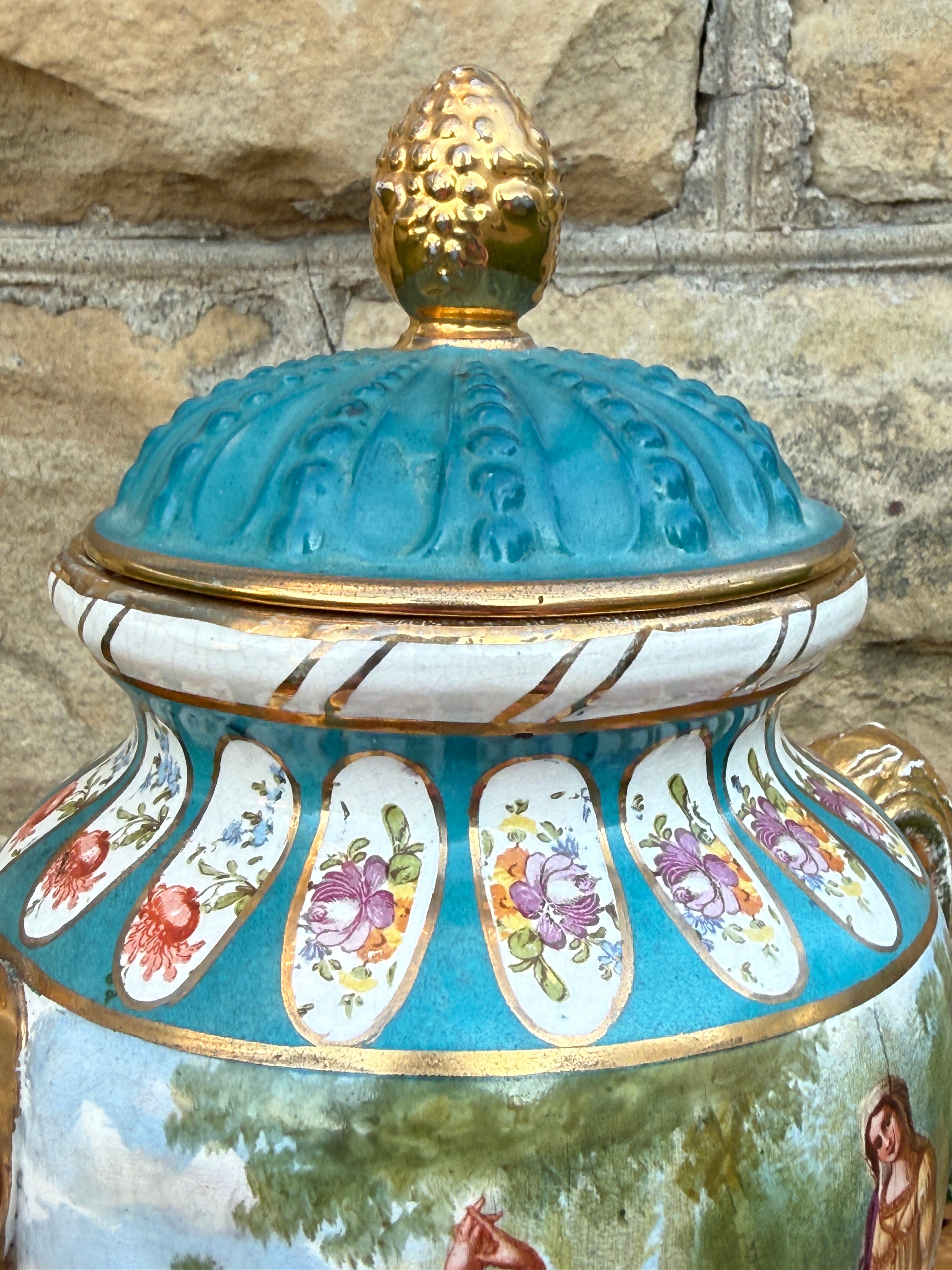 Antique French Style Hand Painted Covered Porcelain Urn Artist Signed Turquoise Gilt 14"