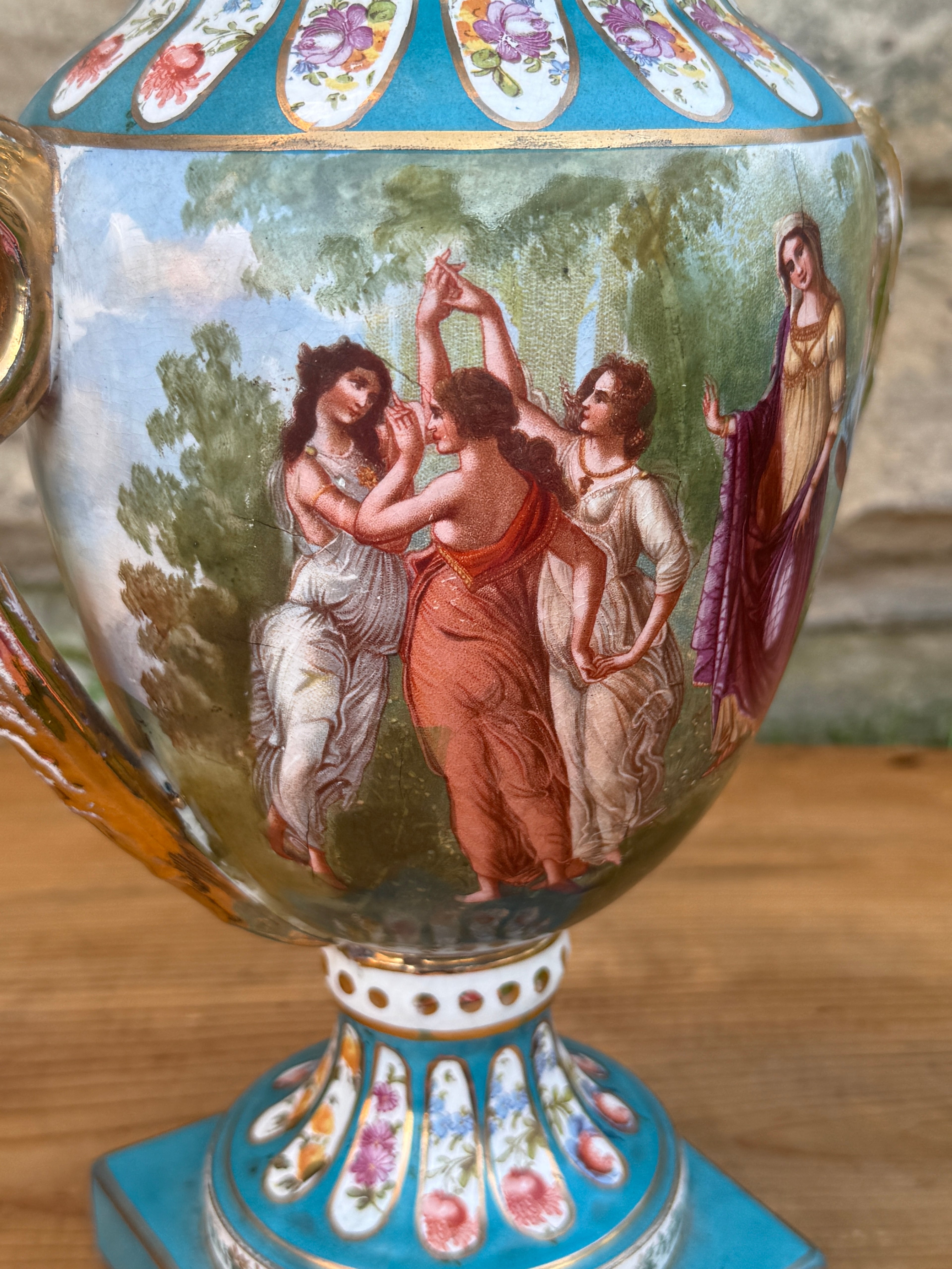 Antique French Style Hand Painted Covered Porcelain Urn Artist Signed Turquoise Gilt 14"
