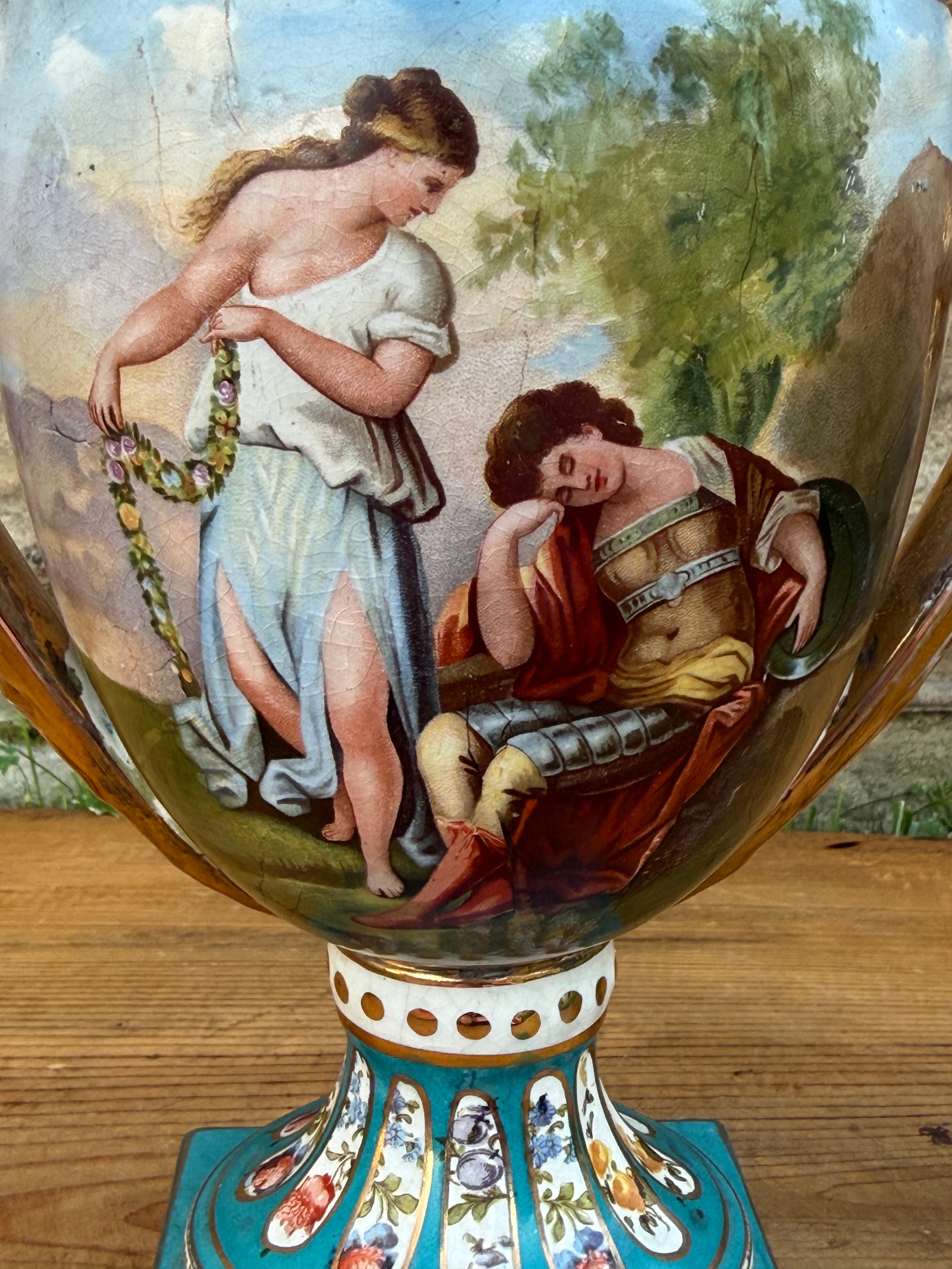 Antique French Style Hand Painted Covered Porcelain Urn Artist Signed Turquoise Gilt 14"