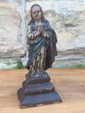 Antique Carved Polychrome Virgin Figure Religious Santos Wood Sculpture 9"