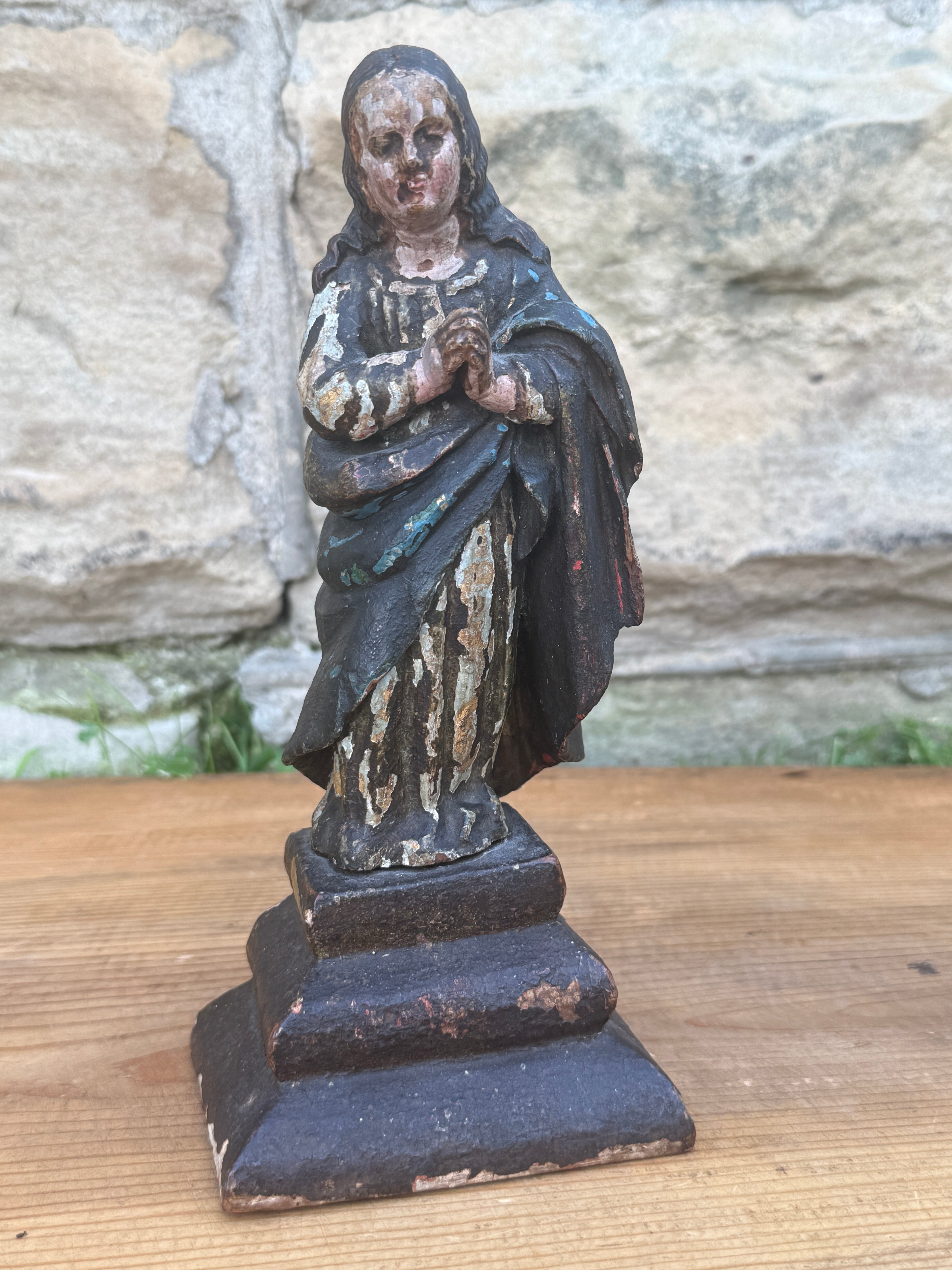 Antique Carved Polychrome Virgin Figure Religious Santos Wood Sculpture 9"