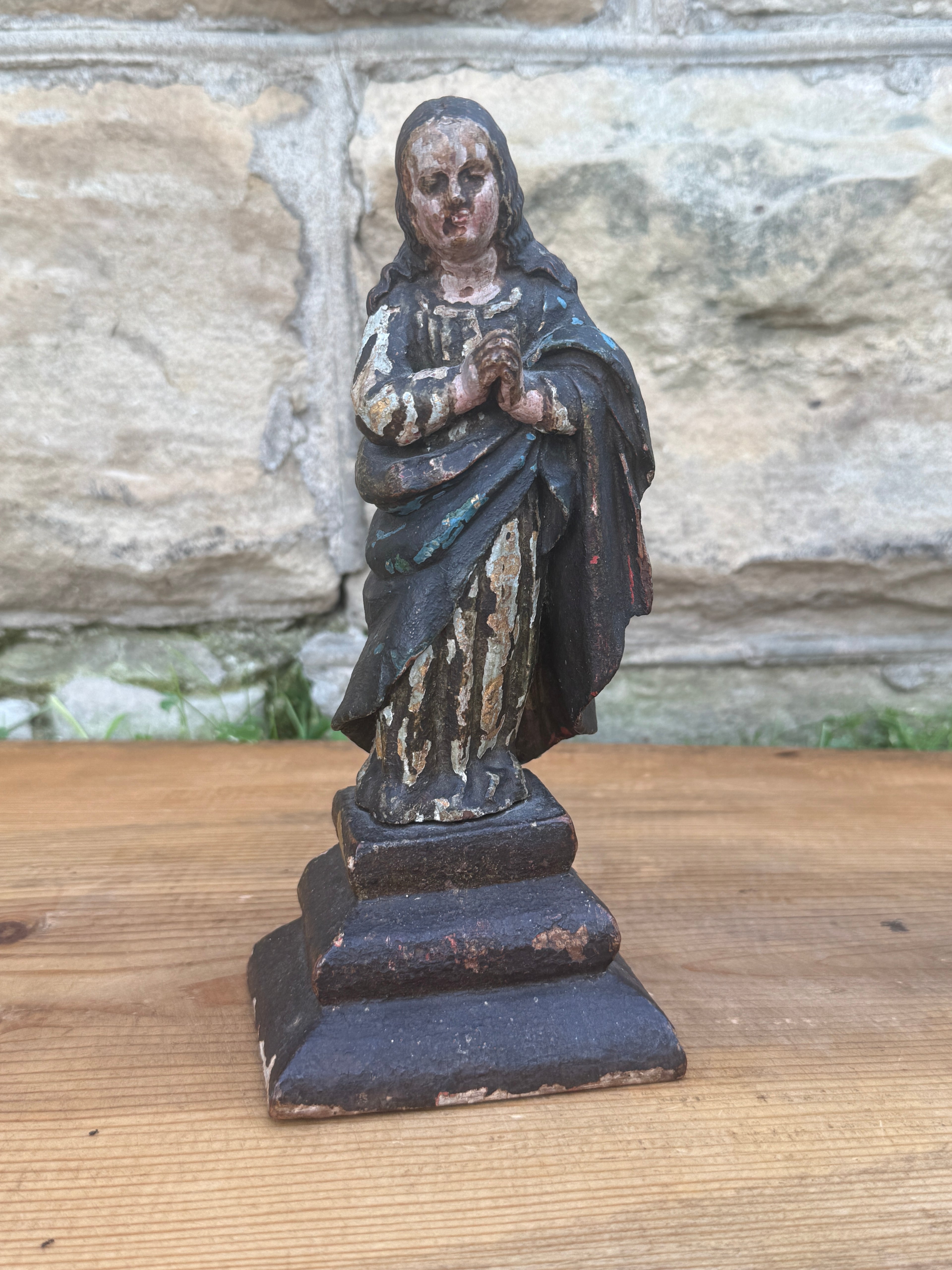 Antique Carved Polychrome Virgin Figure Religious Santos Wood Sculpture 9"