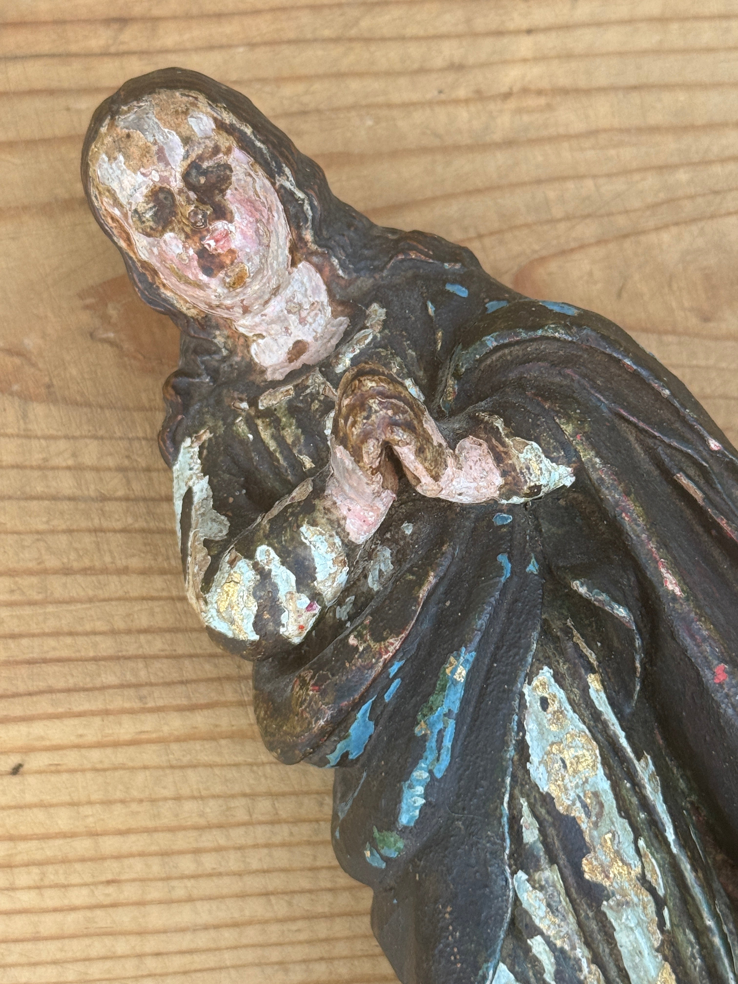 Antique Carved Polychrome Virgin Figure Religious Santos Wood Sculpture 9"