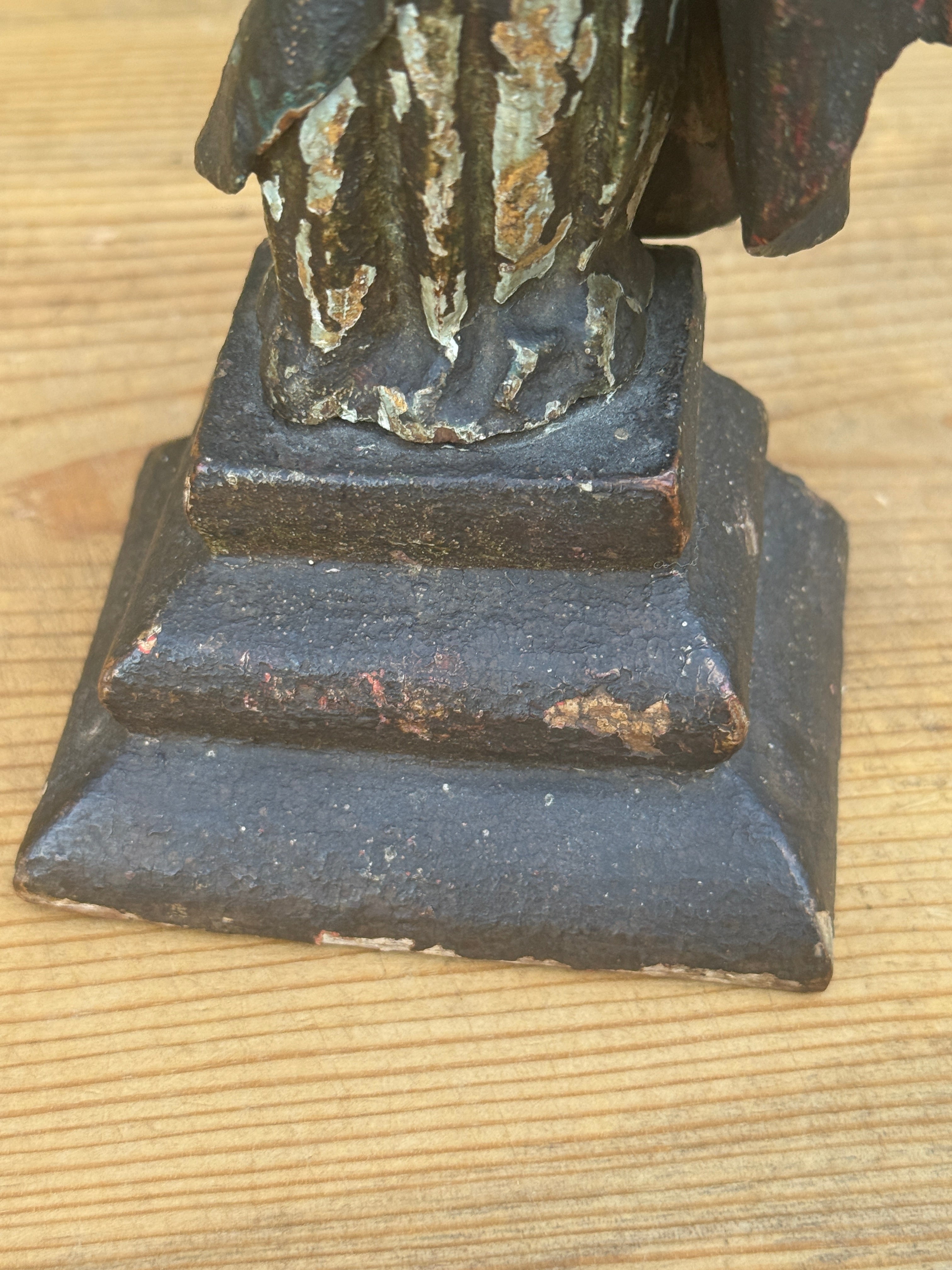 Antique Carved Polychrome Virgin Figure Religious Santos Wood Sculpture 9"