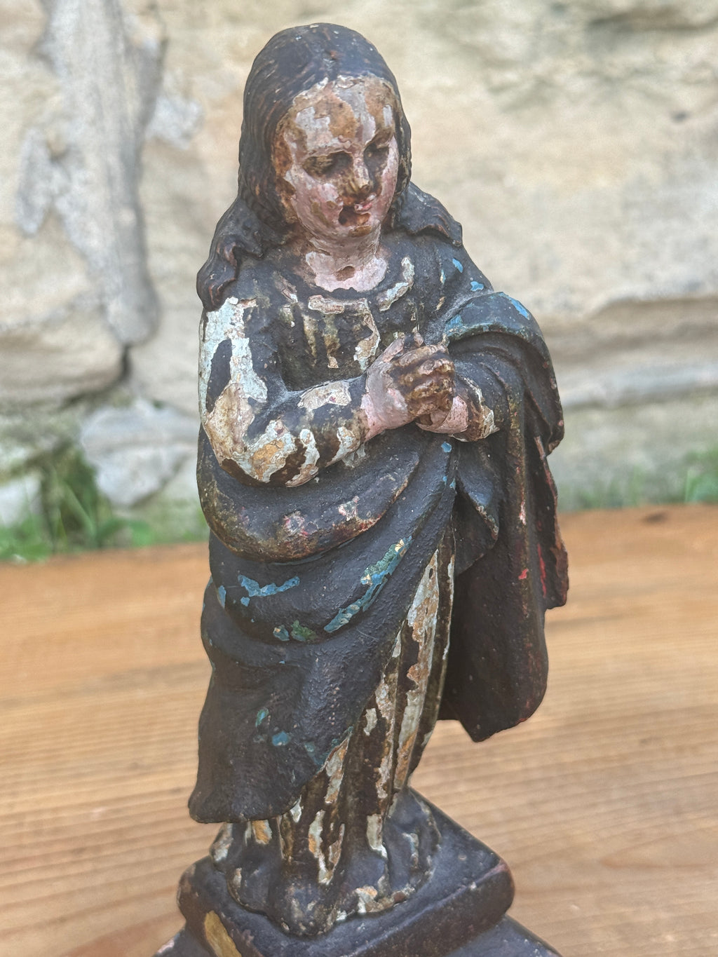 Antique Carved Polychrome Virgin Figure Religious Santos Wood Sculpture 9"