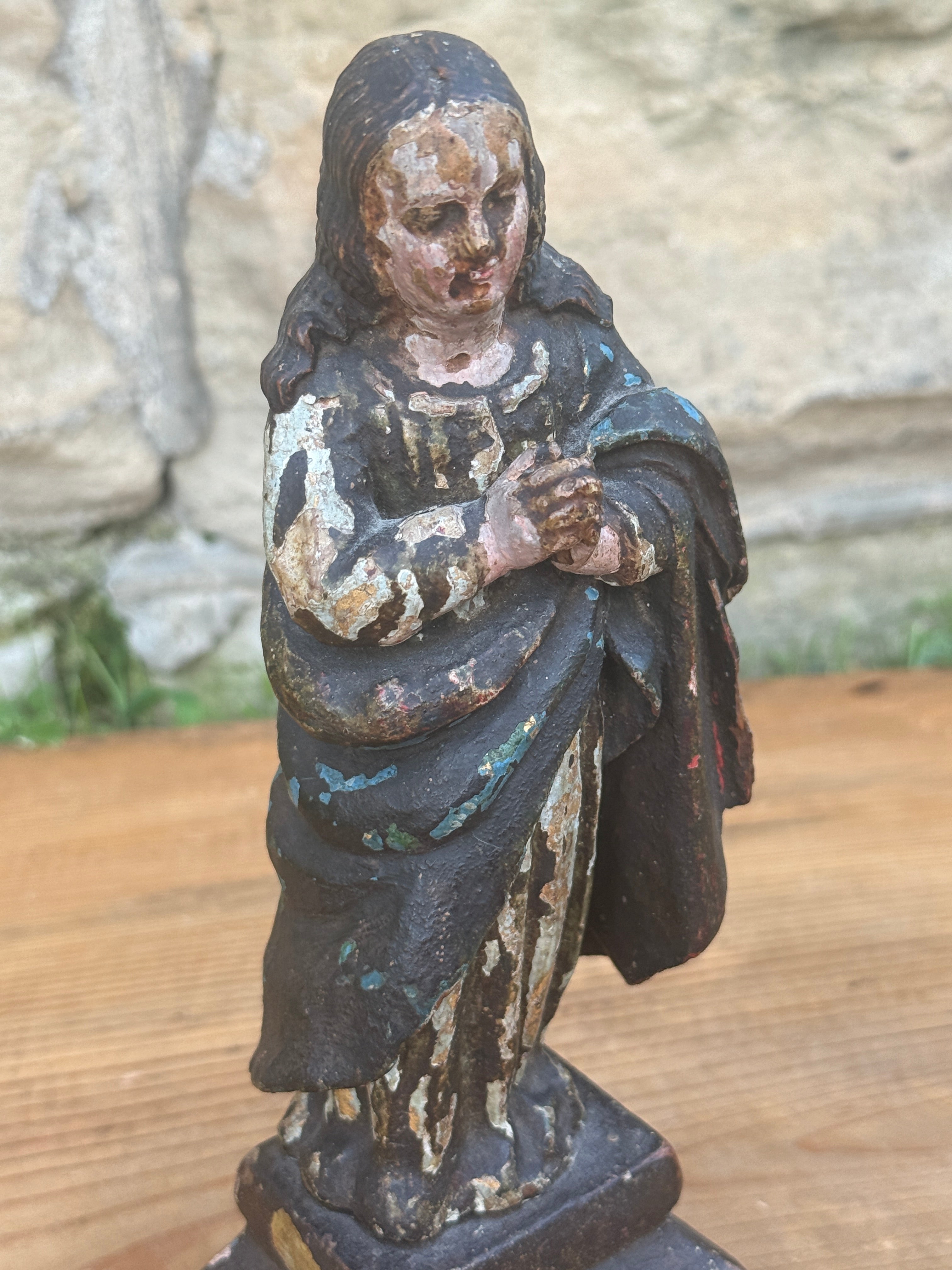 Antique Carved Polychrome Virgin Figure Religious Santos Wood Sculpture 9"