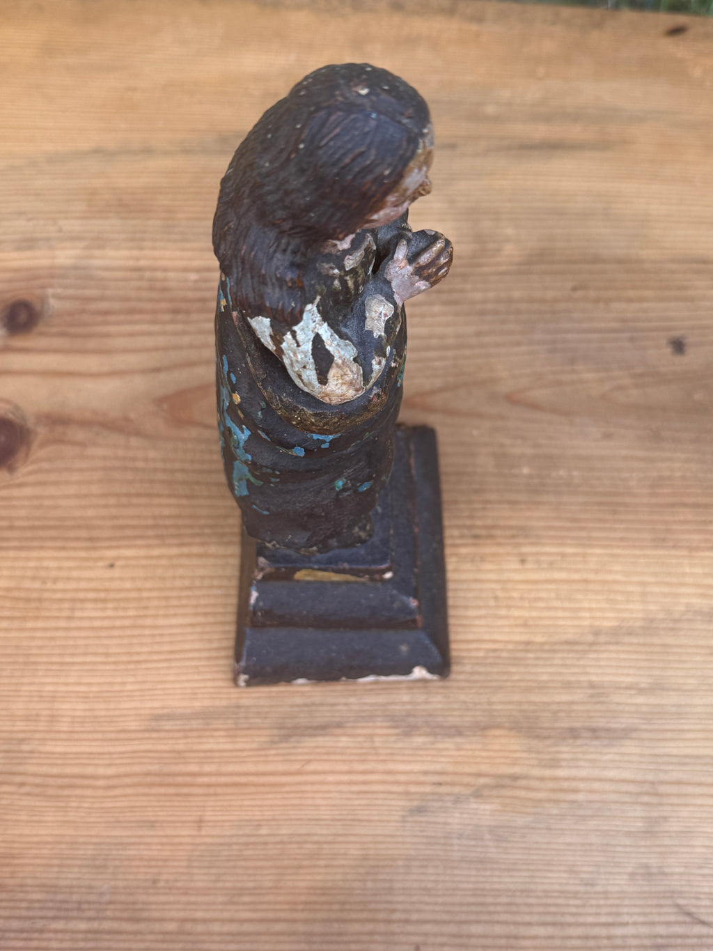 Antique Carved Polychrome Virgin Figure Religious Santos Wood Sculpture 9"