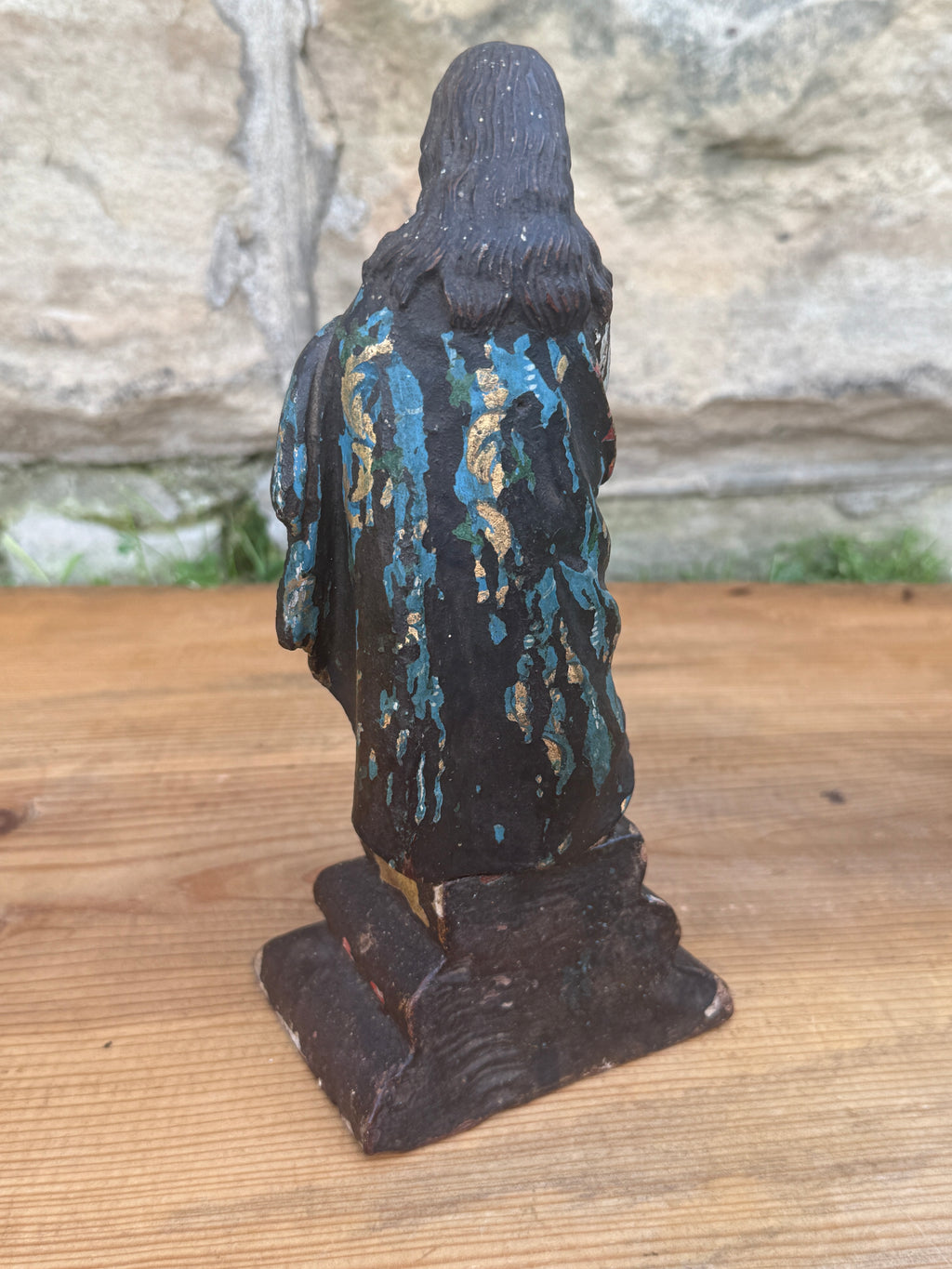 Antique Carved Polychrome Virgin Figure Religious Santos Wood Sculpture 9"