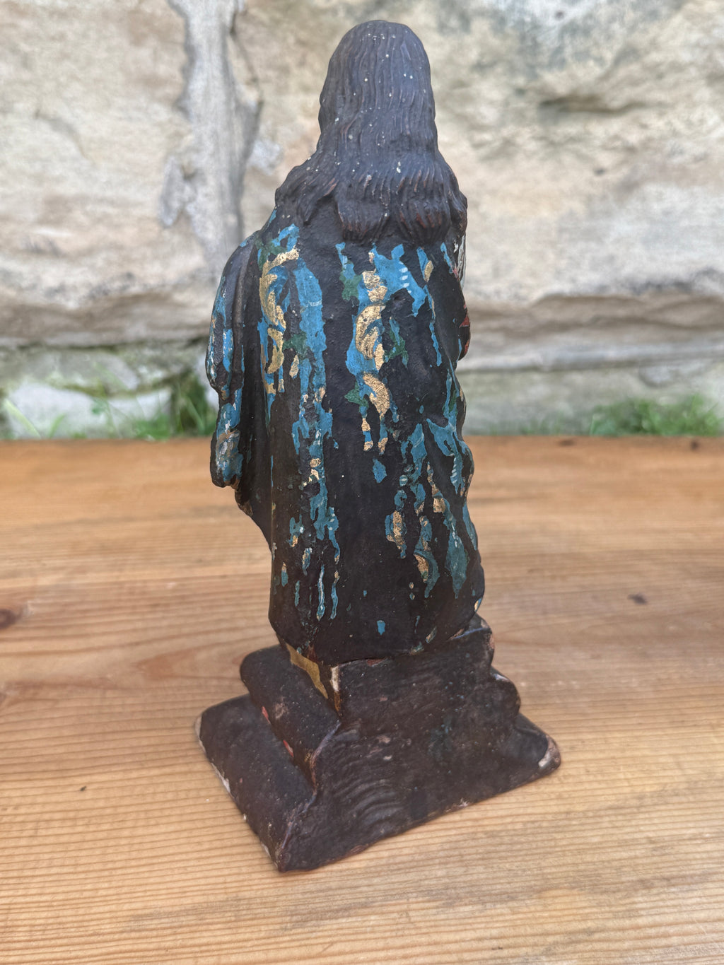 Antique Carved Polychrome Virgin Figure Religious Santos Wood Sculpture 9"
