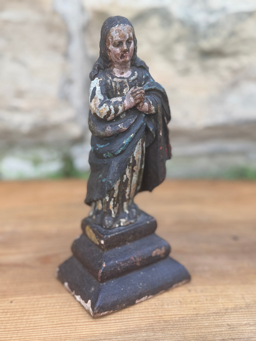 Antique Carved Polychrome Virgin Figure Religious Santos Wood Sculpture 9"