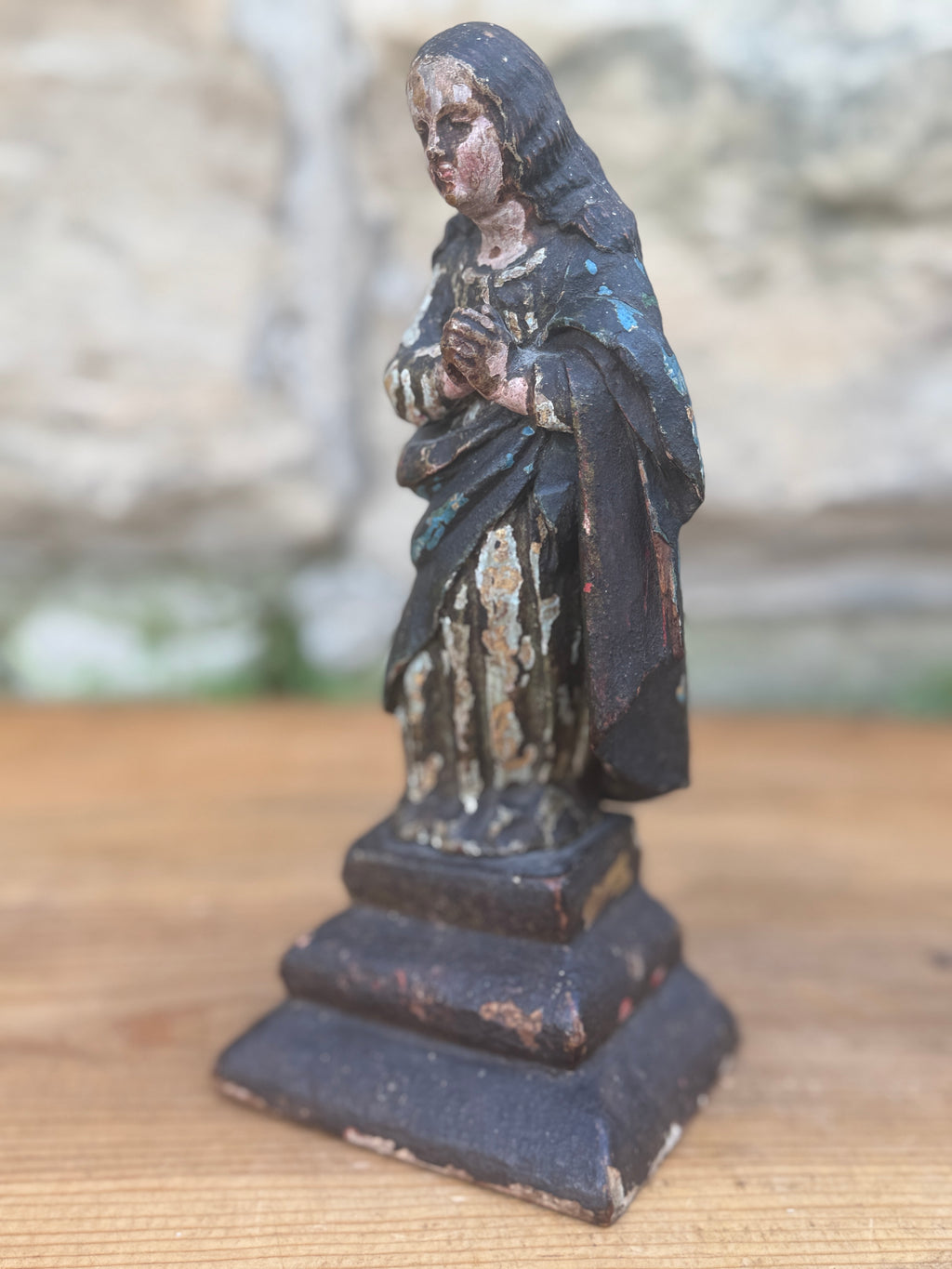 Antique Carved Polychrome Virgin Figure Religious Santos Wood Sculpture 9"