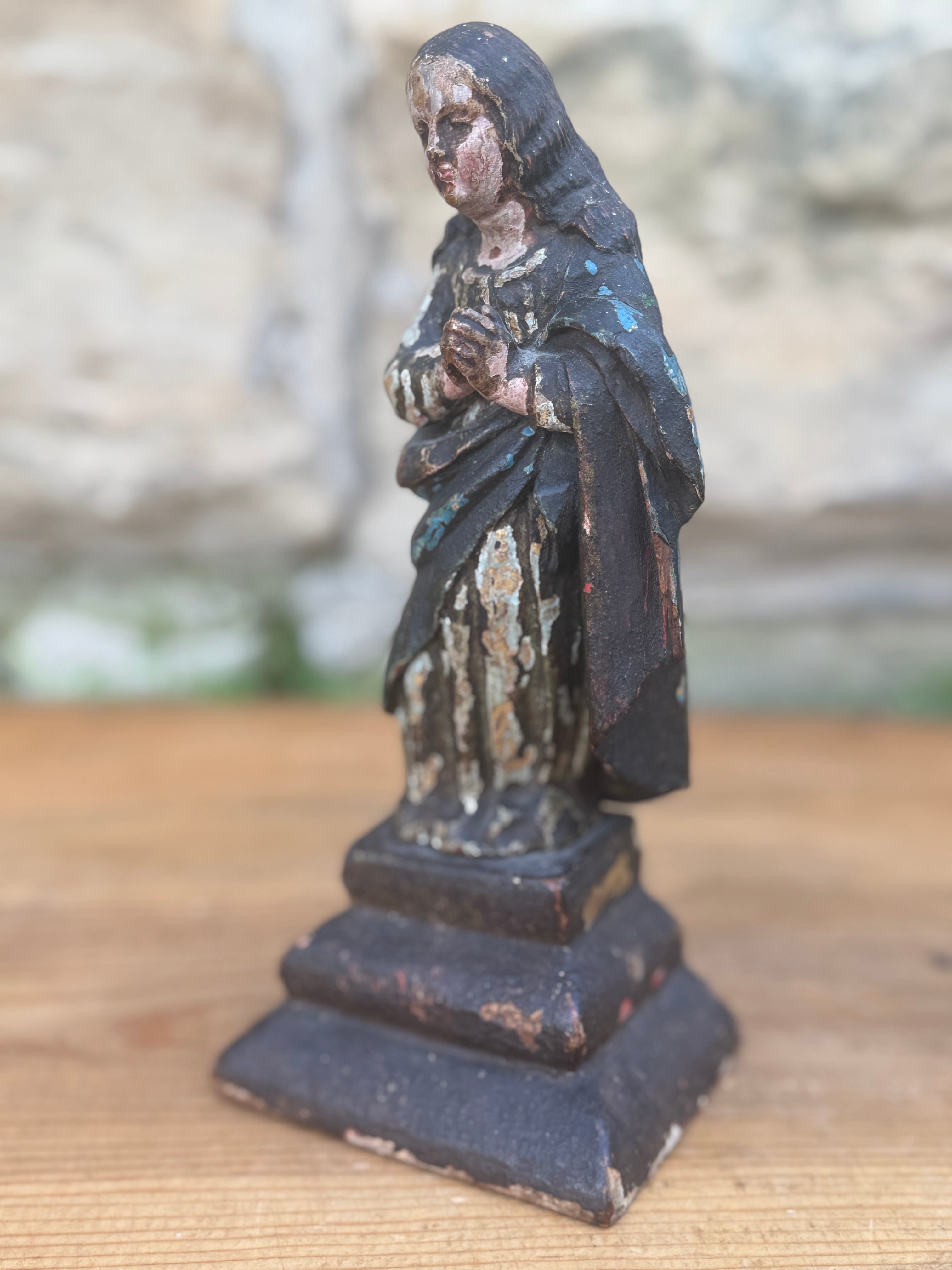 Antique Carved Polychrome Virgin Figure Religious Santos Wood Sculpture 9"
